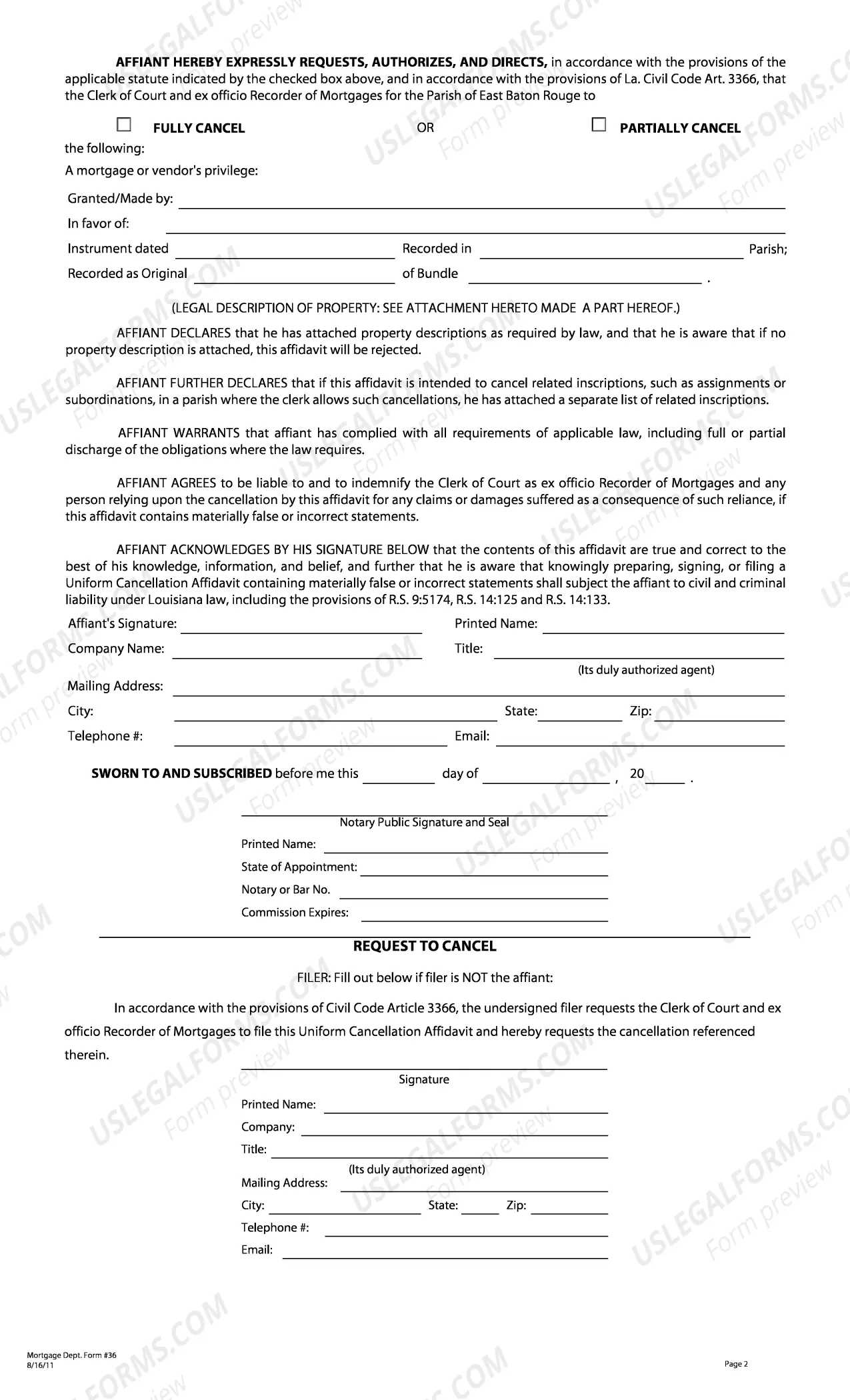 Preview Uniform Request and Cancellation Affidavit (For Mortgages and Vendor's Liens) La R.S. 9:5166