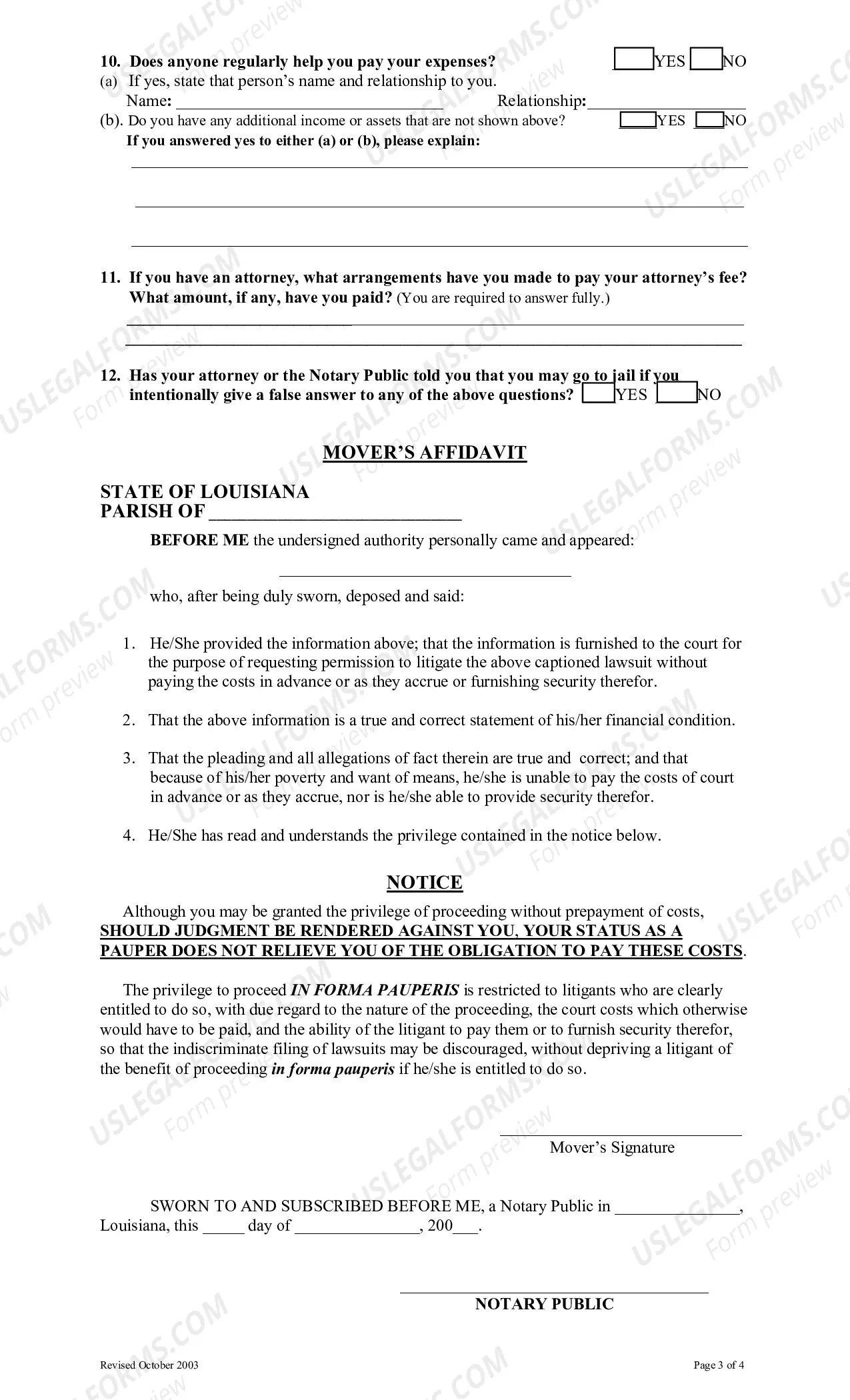 Preview In Forma Pauperis Affidavit