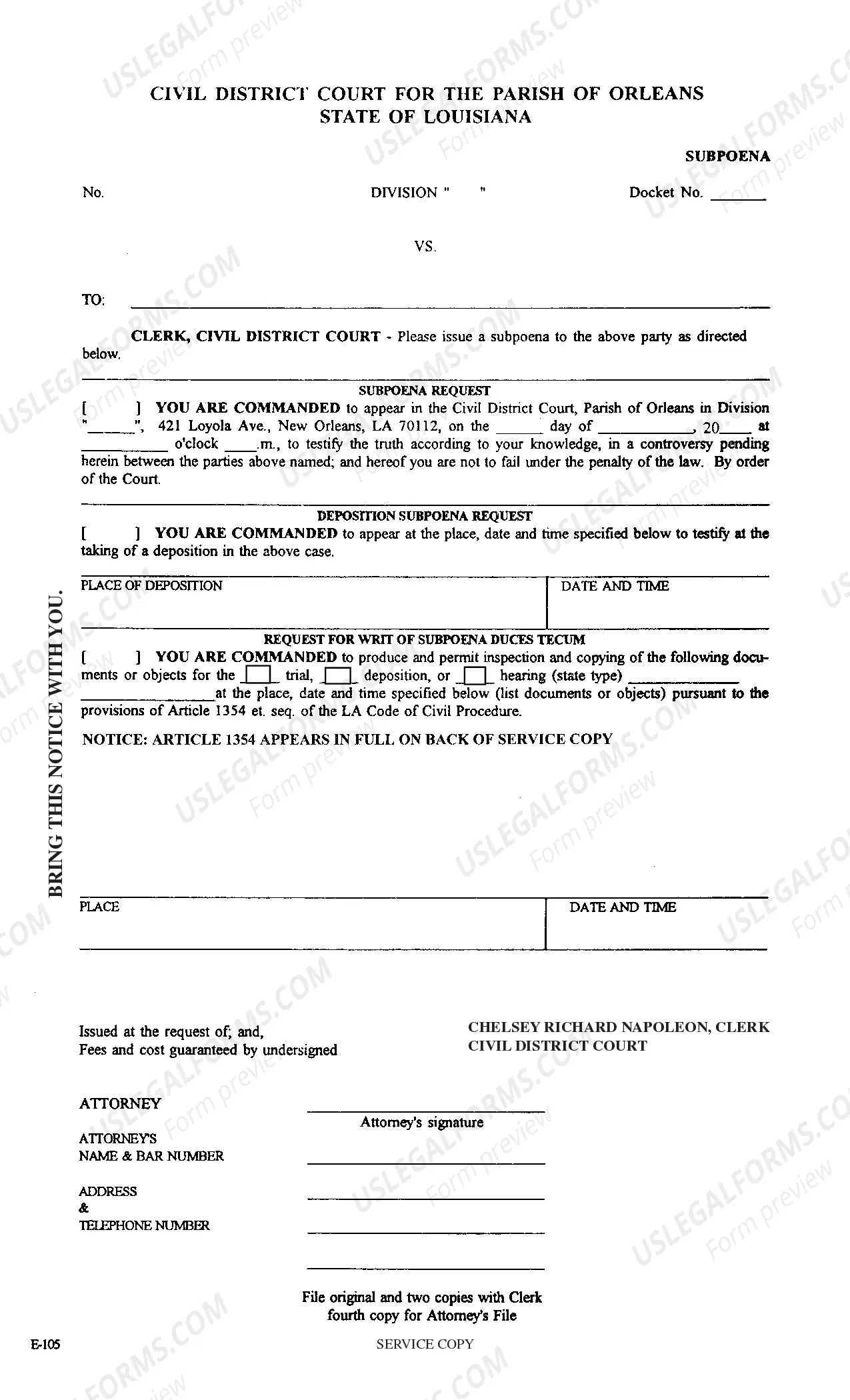 Preview Subpoena or Subpoena Duces Tecum
