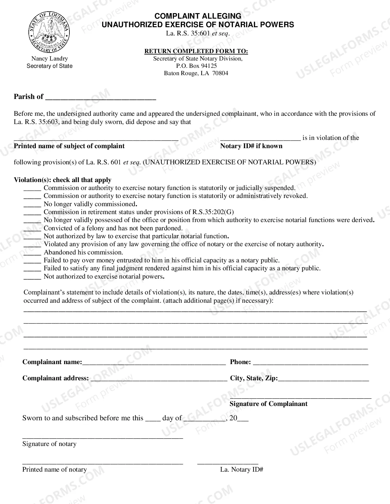 Preview Complaint Alleging Unauthorized Exercise of Notarial Powers