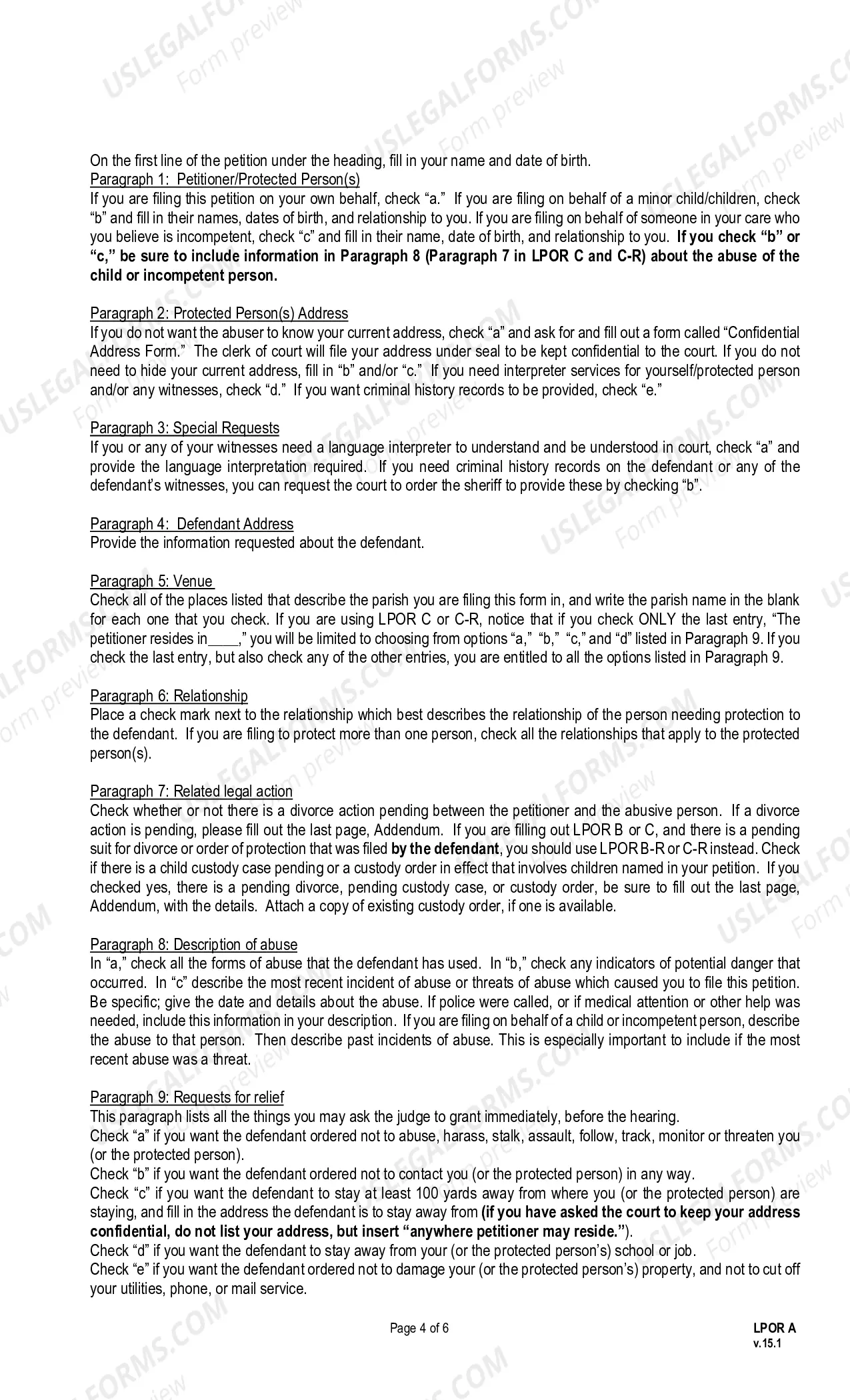 Preview Instructions for Completing the Petition for Protection From Domestic Abuse or Dating Violence