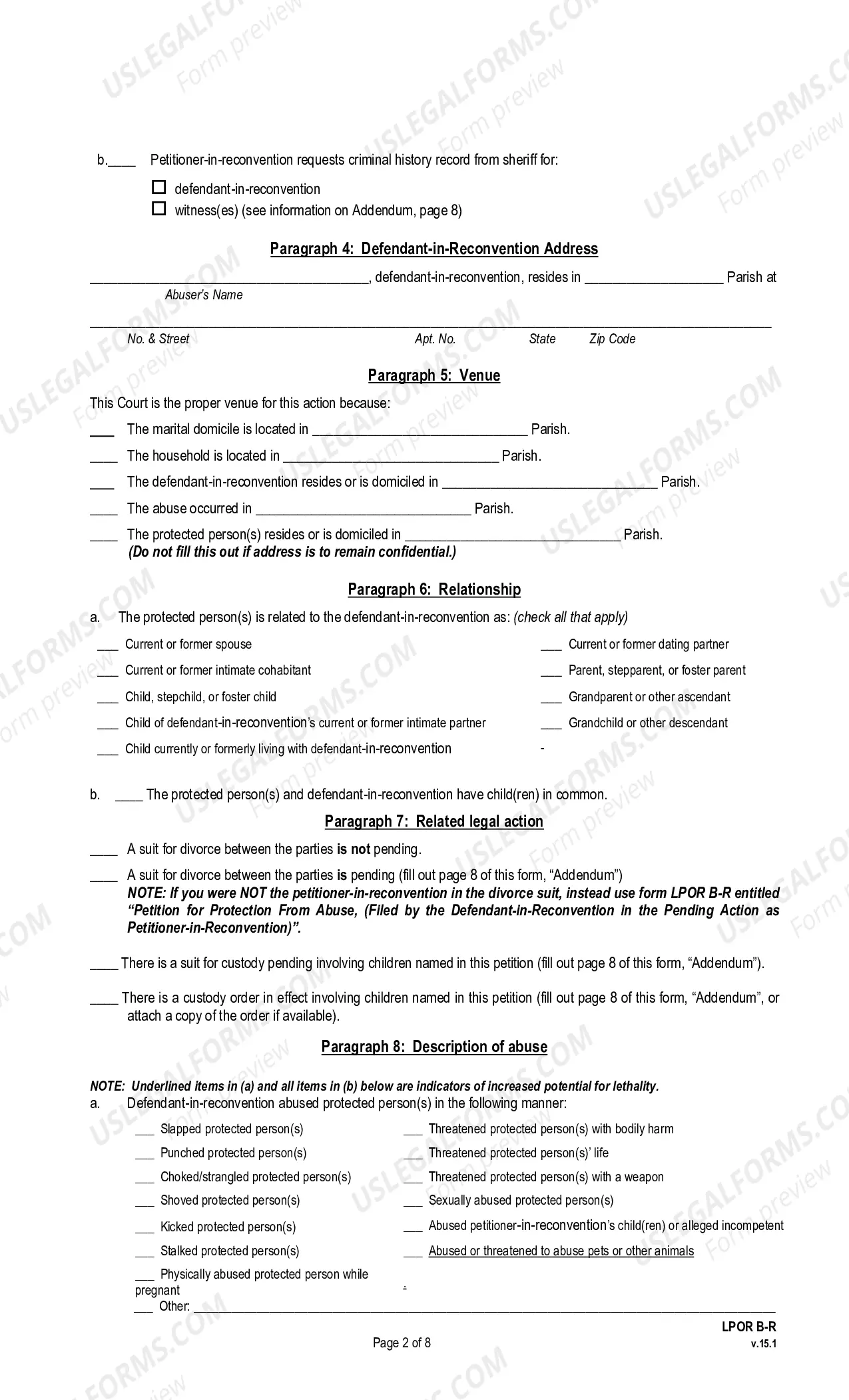 Preview Petition for Protection From Abuse, In Reconvention (pursuant to La. R.S. 46:2131 et seq. or La. R.S. 46:2151)