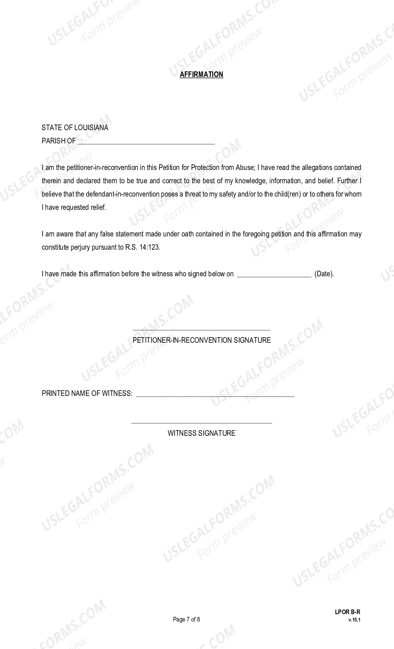 Preview Petition for Protection From Abuse, In Reconvention (pursuant to La. R.S. 46:2131 et seq. or La. R.S. 46:2151)