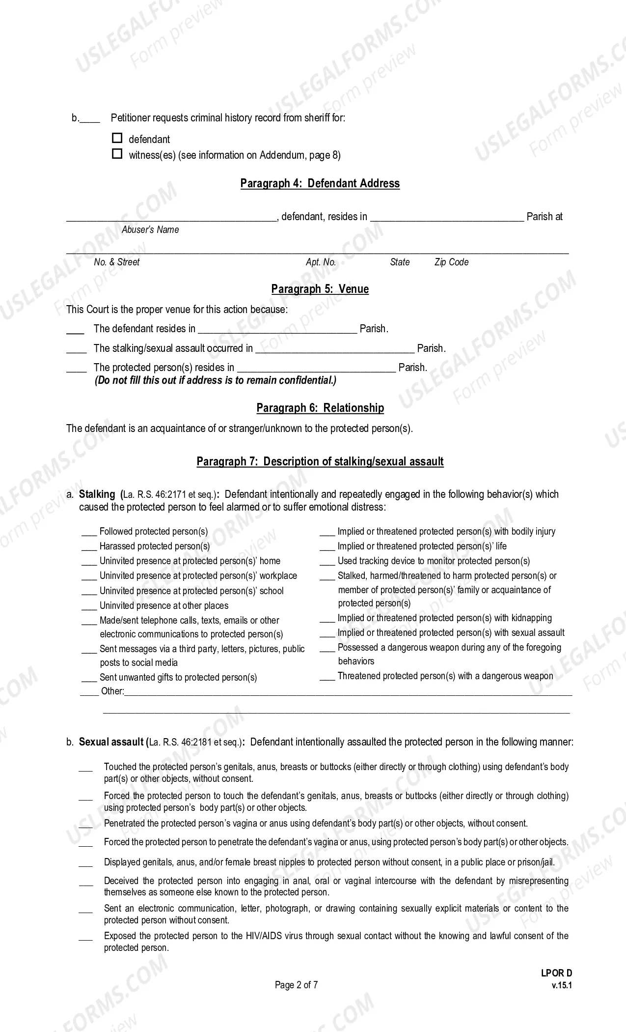 Preview Petition for Protection From Stalking or Sexual Assault (pursuant to La. R.S. 46:2171 et seq. or La. R.S. 46:2181 et seq.)