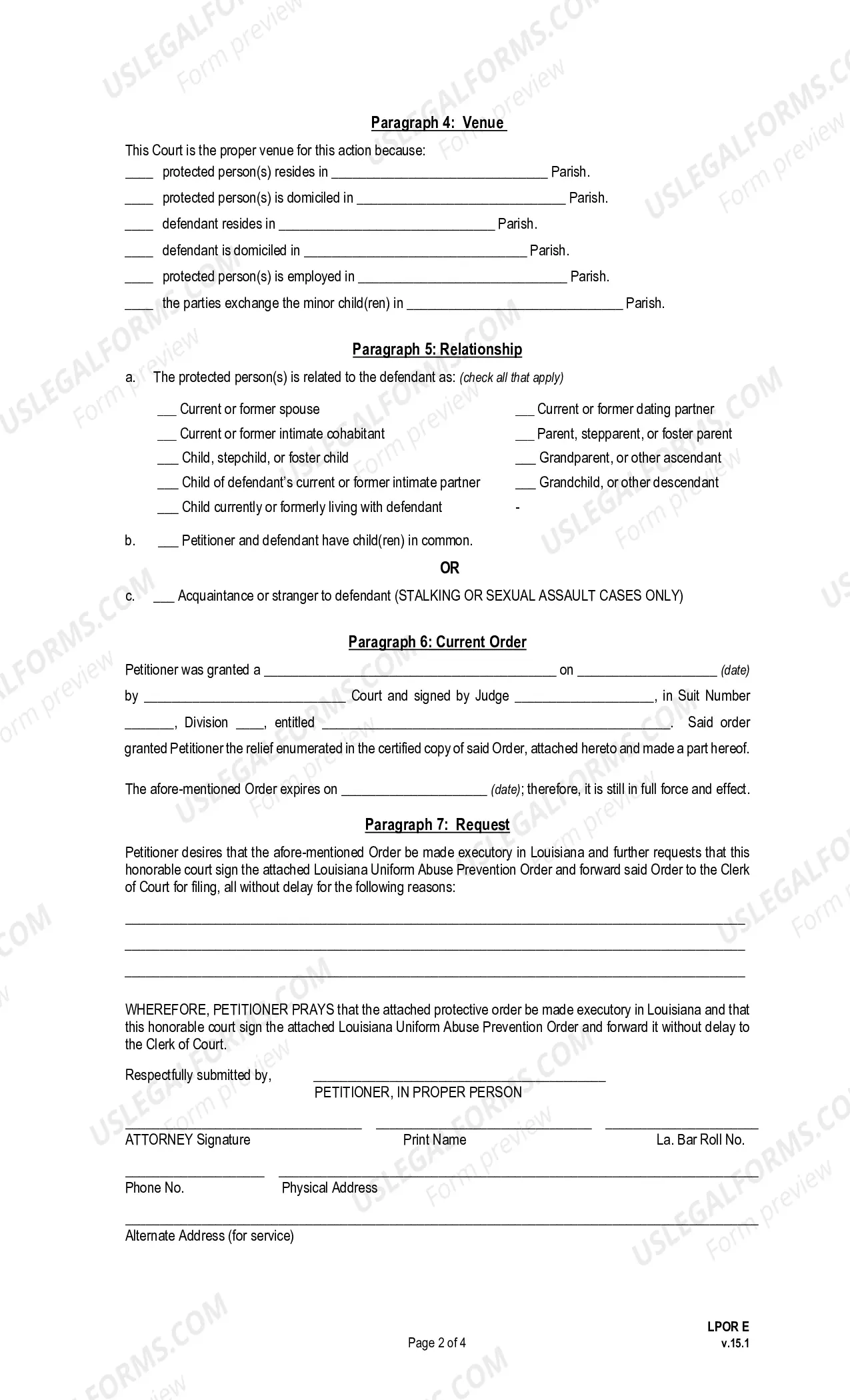 Preview Petition to Make Foreign Protective Order Executory in Louisiana