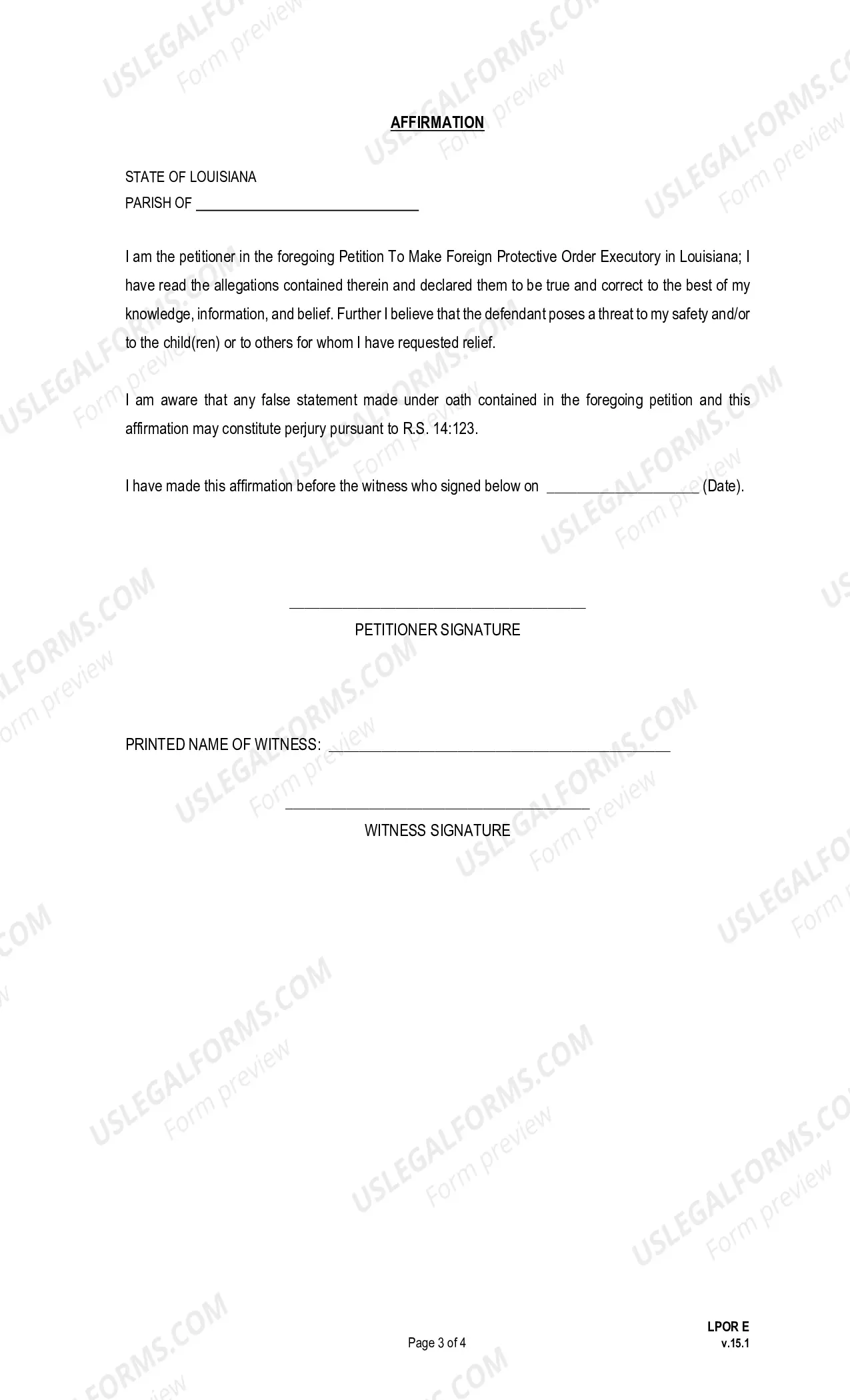 Preview Petition to Make Foreign Protective Order Executory in Louisiana