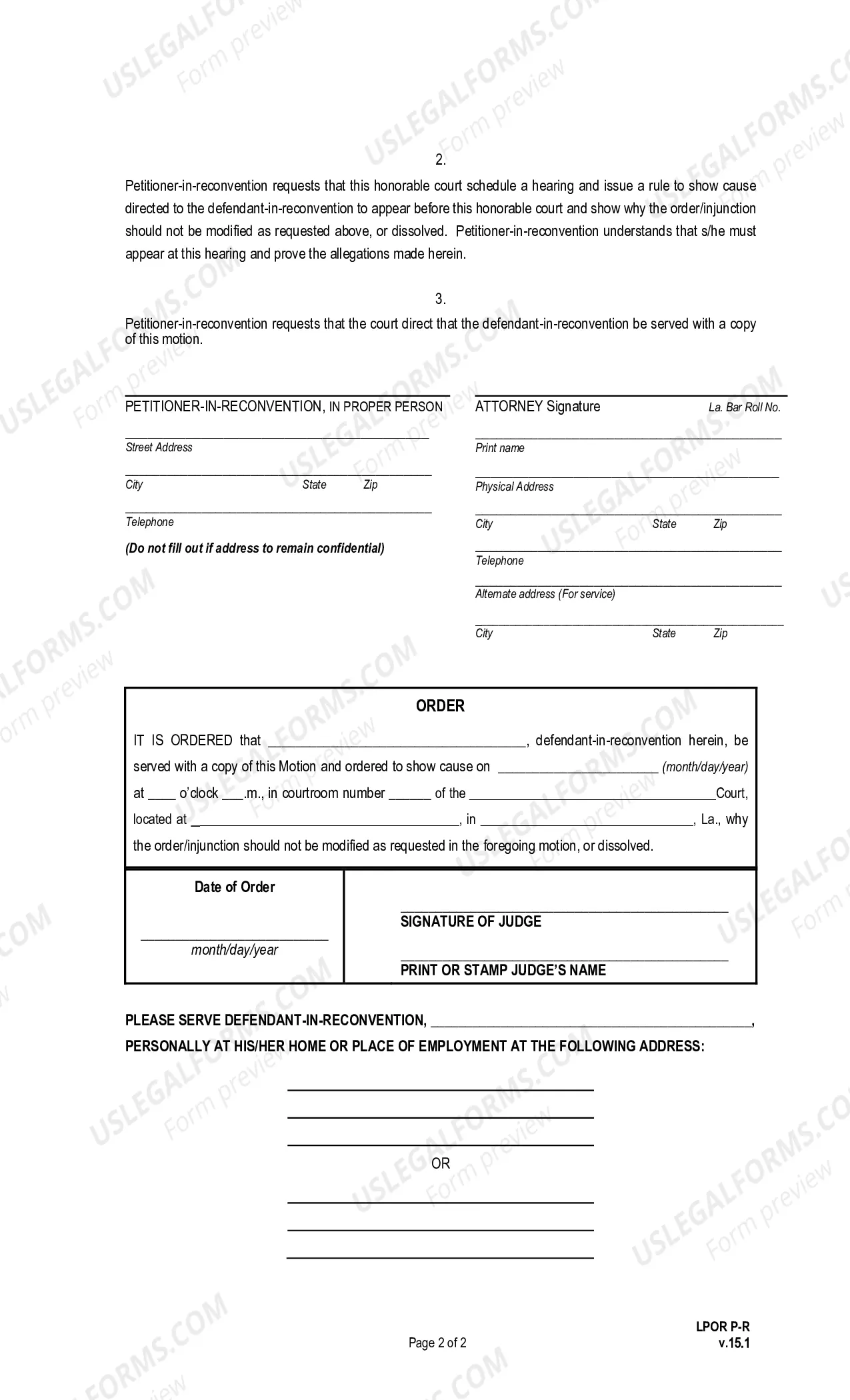 Preview Motion to Modify or Dissolve Abuse Prevention Order, In Reconvention (pursuant to La. R.S. 46:2131 et seq., La. R.S. 46:2151, La. Ch. C. Art. 1564 et seq., La. R.S. 46:2171 et seq., La. R.S. 46:2181 et seq., La. R.S. 9:372, La. R.S. 9:361 et seq., or La.
