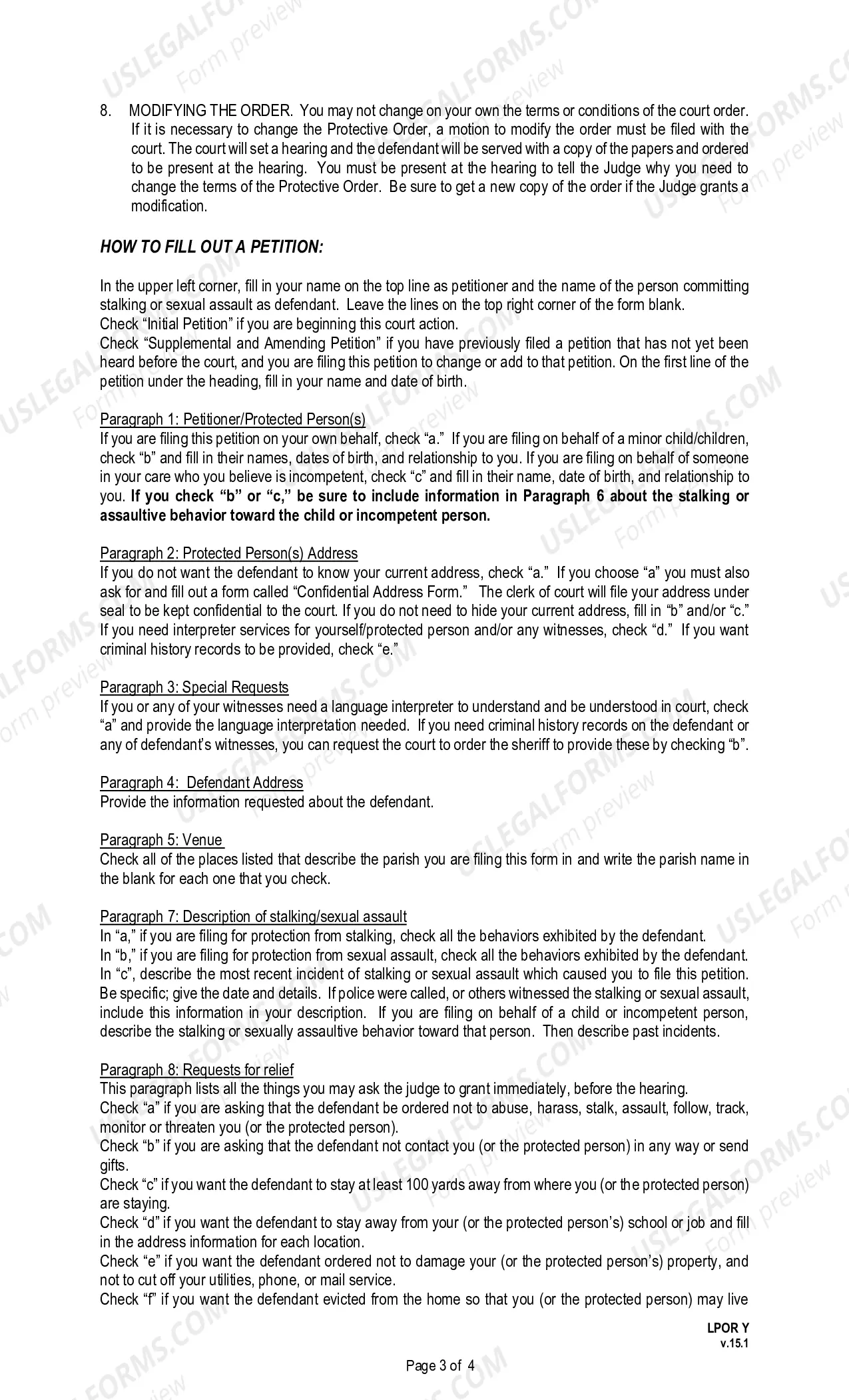 Preview Instructions for Completing the Petition for Protection from Stalking or Sexual Assault (LPOR D)
