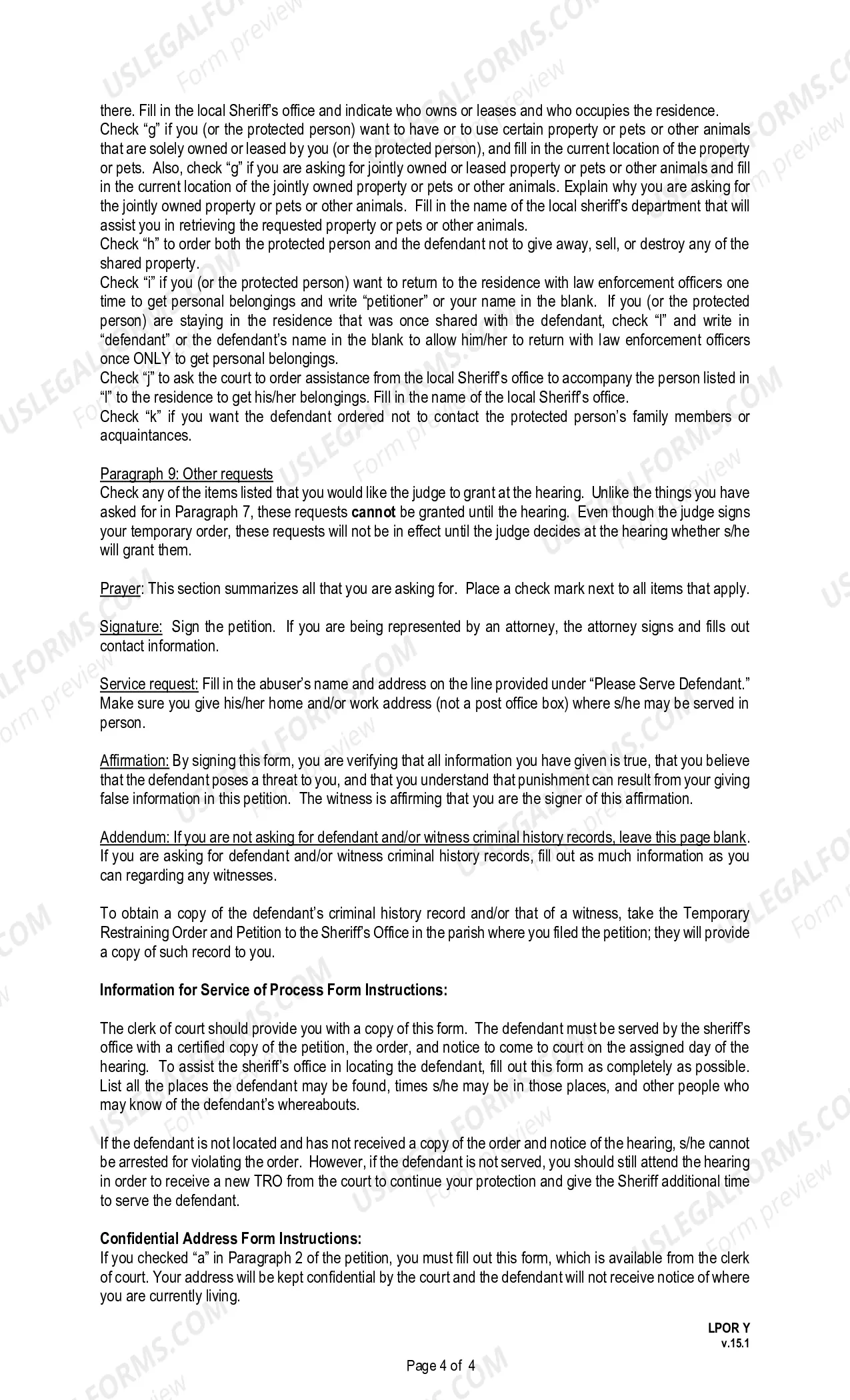 Preview Instructions for Completing the Petition for Protection from Stalking or Sexual Assault (LPOR D)