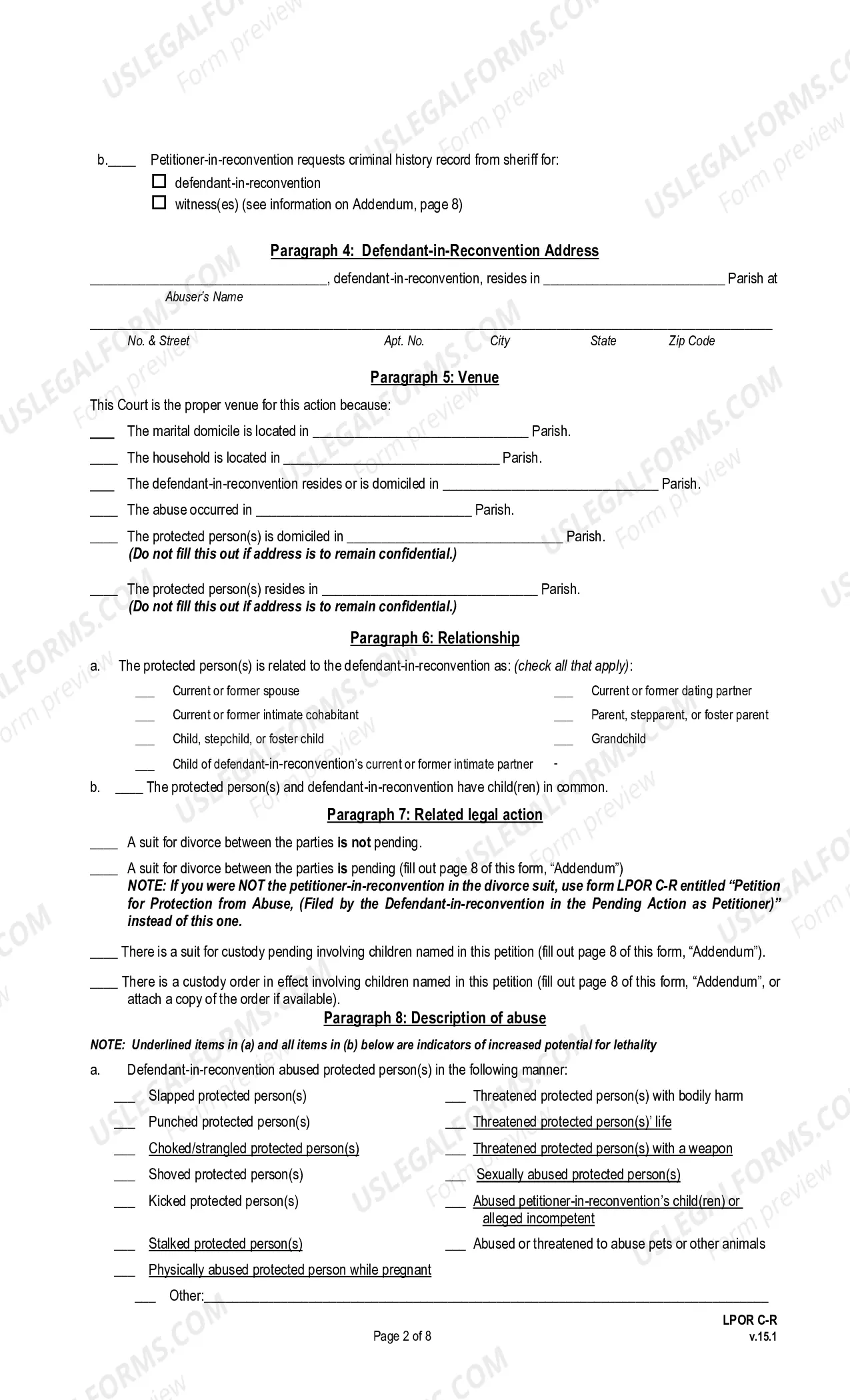 Preview Petition for Protection From Abuse, In Reconvention (pursuant to La. Ch. C. Art. 1564 et seq.)