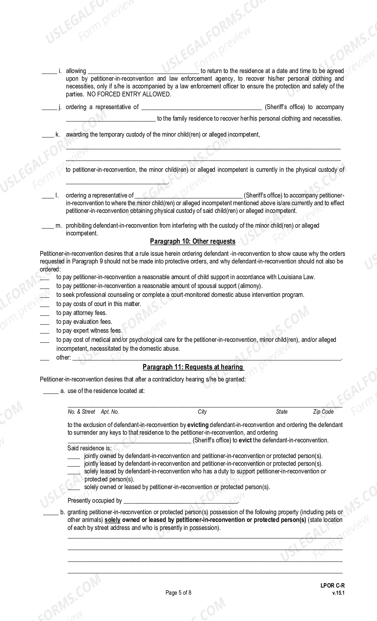 Preview Petition for Protection From Abuse, In Reconvention (pursuant to La. Ch. C. Art. 1564 et seq.)