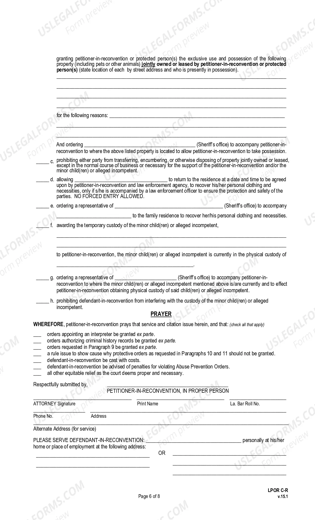 Preview Petition for Protection From Abuse, In Reconvention (pursuant to La. Ch. C. Art. 1564 et seq.)