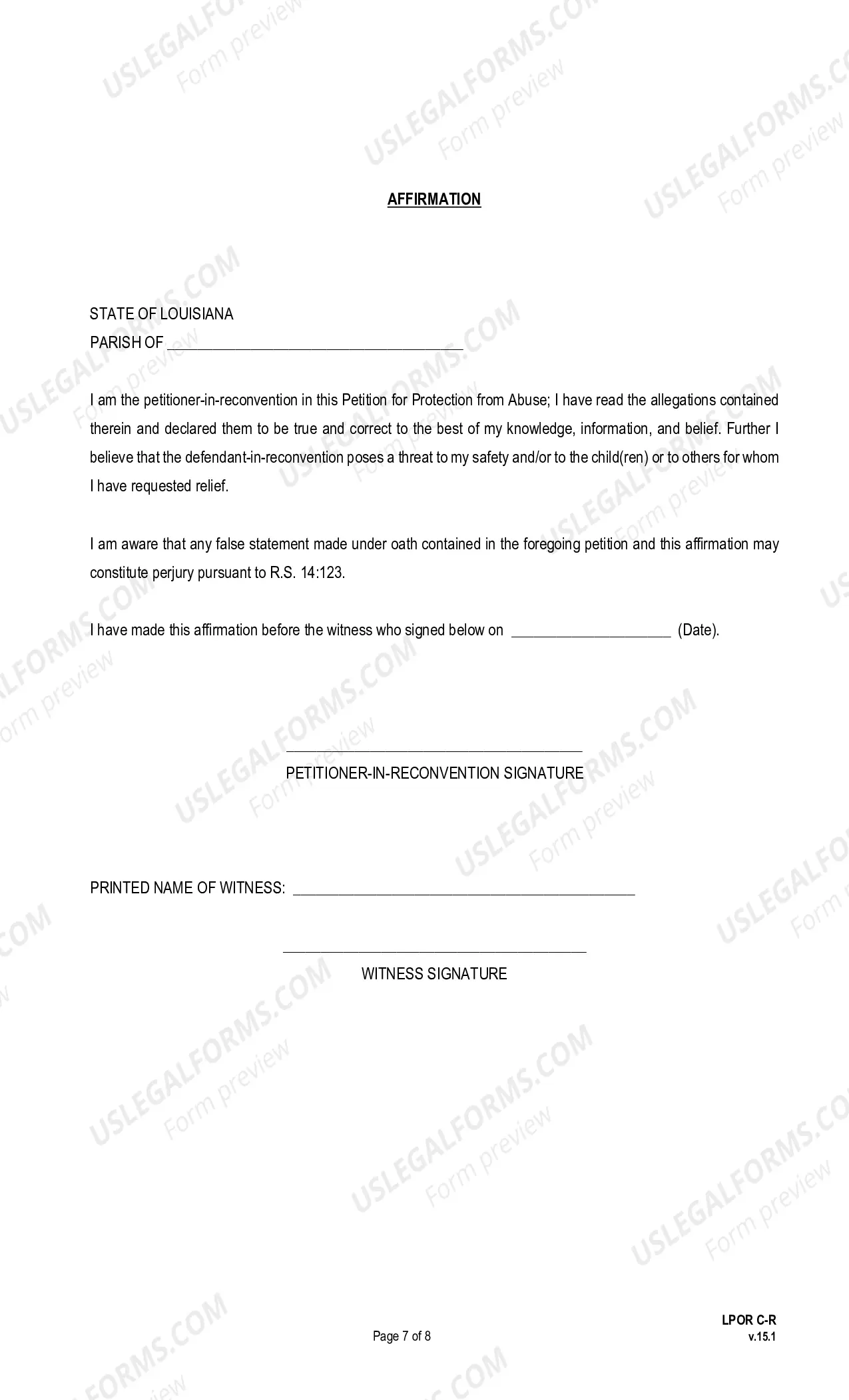 Preview Petition for Protection From Abuse, In Reconvention (pursuant to La. Ch. C. Art. 1564 et seq.)