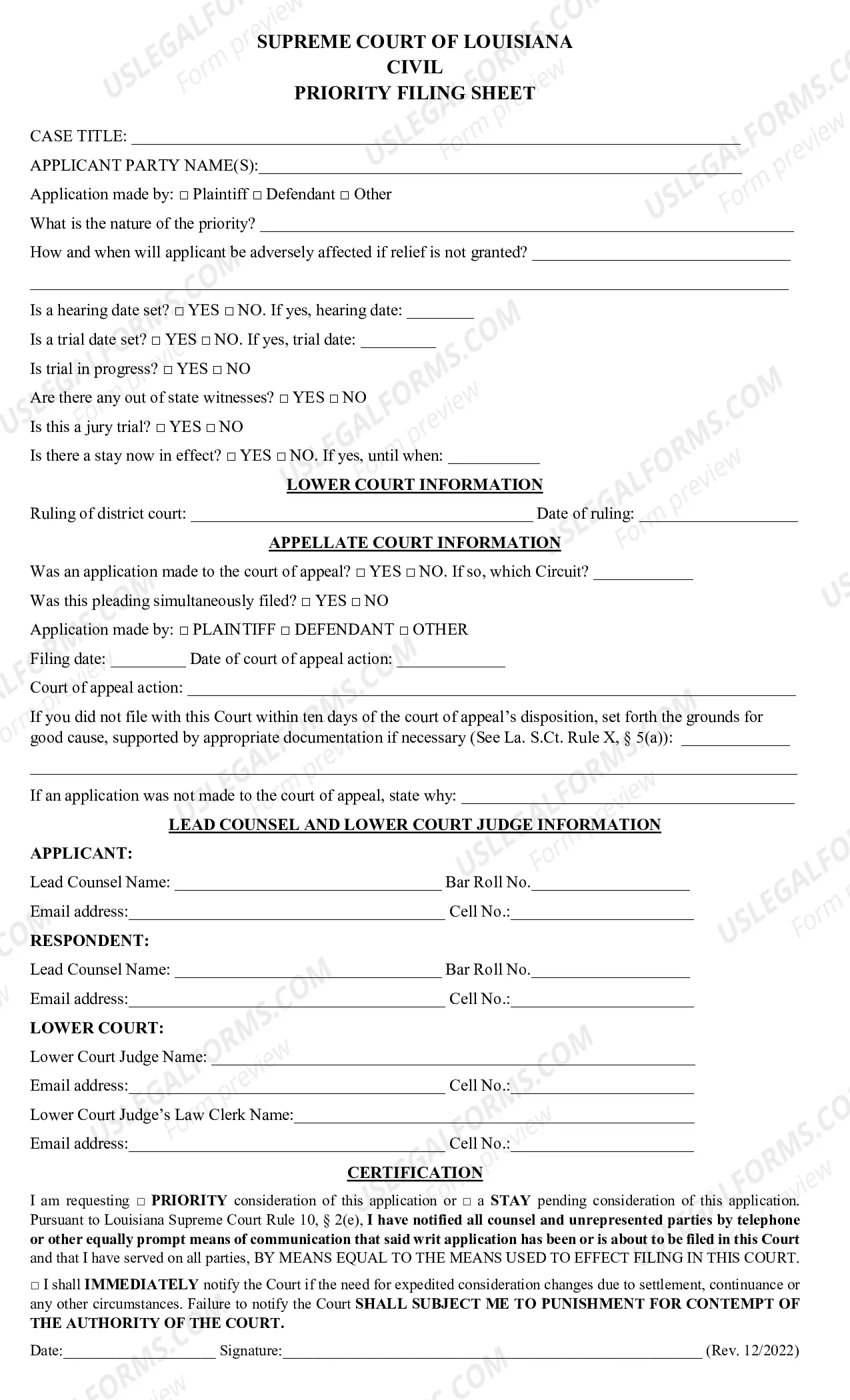 Preview Civil Priority Filing Sheet