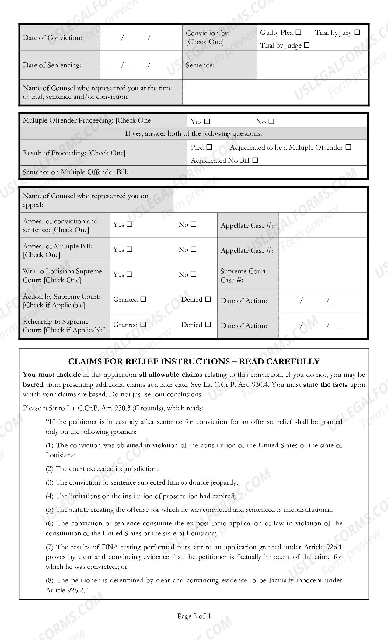 Preview Appendix A UNIFORM APPLICATION FOR POST-CONVICTION RELIEF
