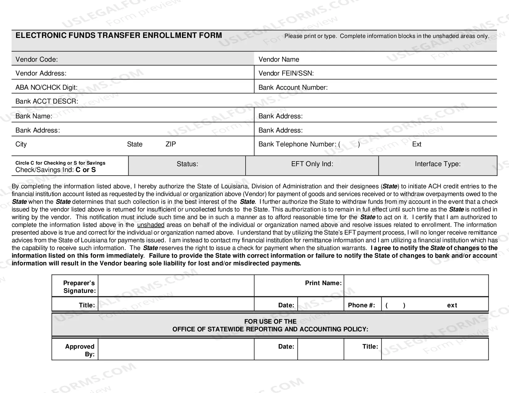 Preview Electronic Funds Transfer Enrollment Form