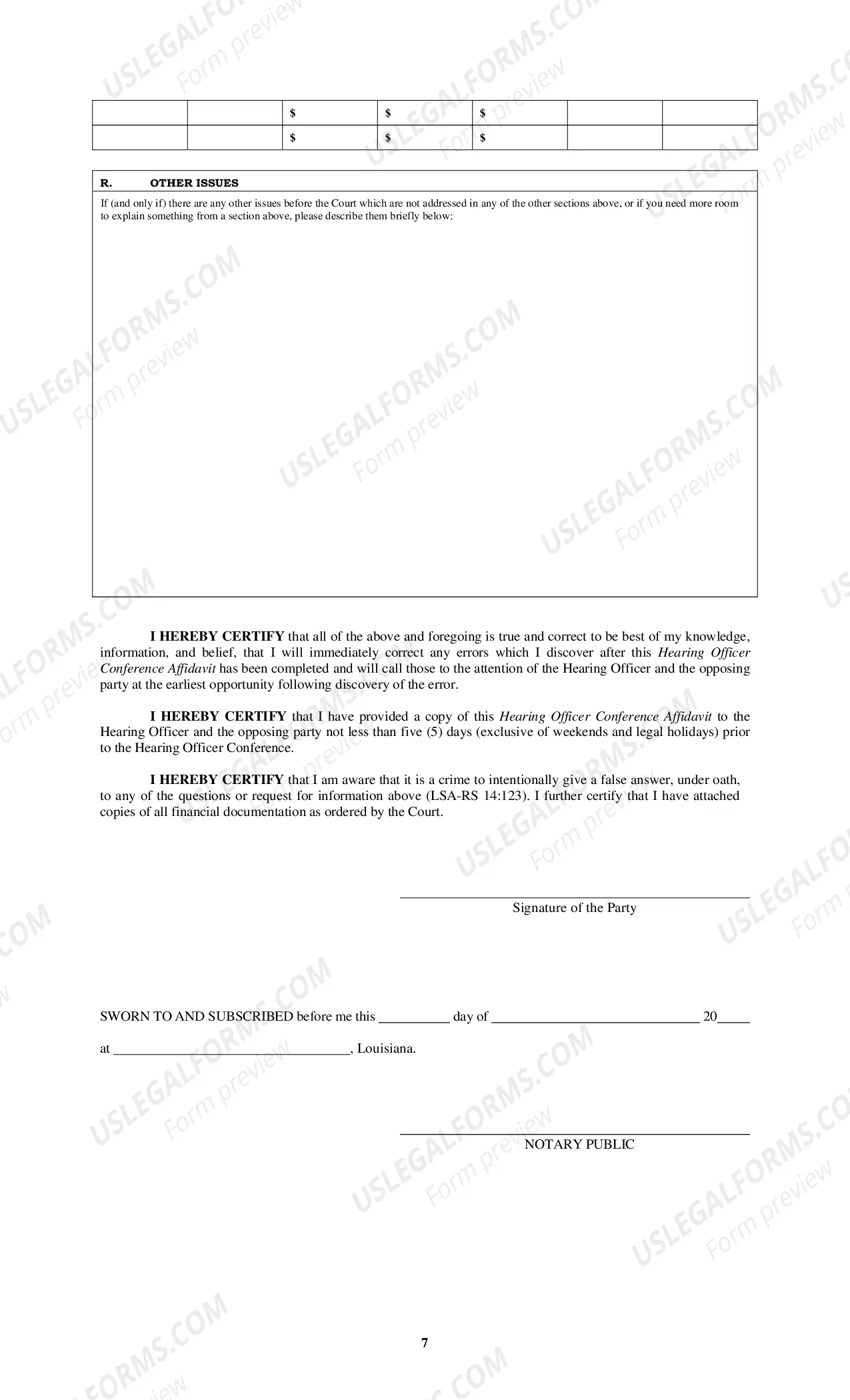 Preview Hearing Officer Conference Affidavit form