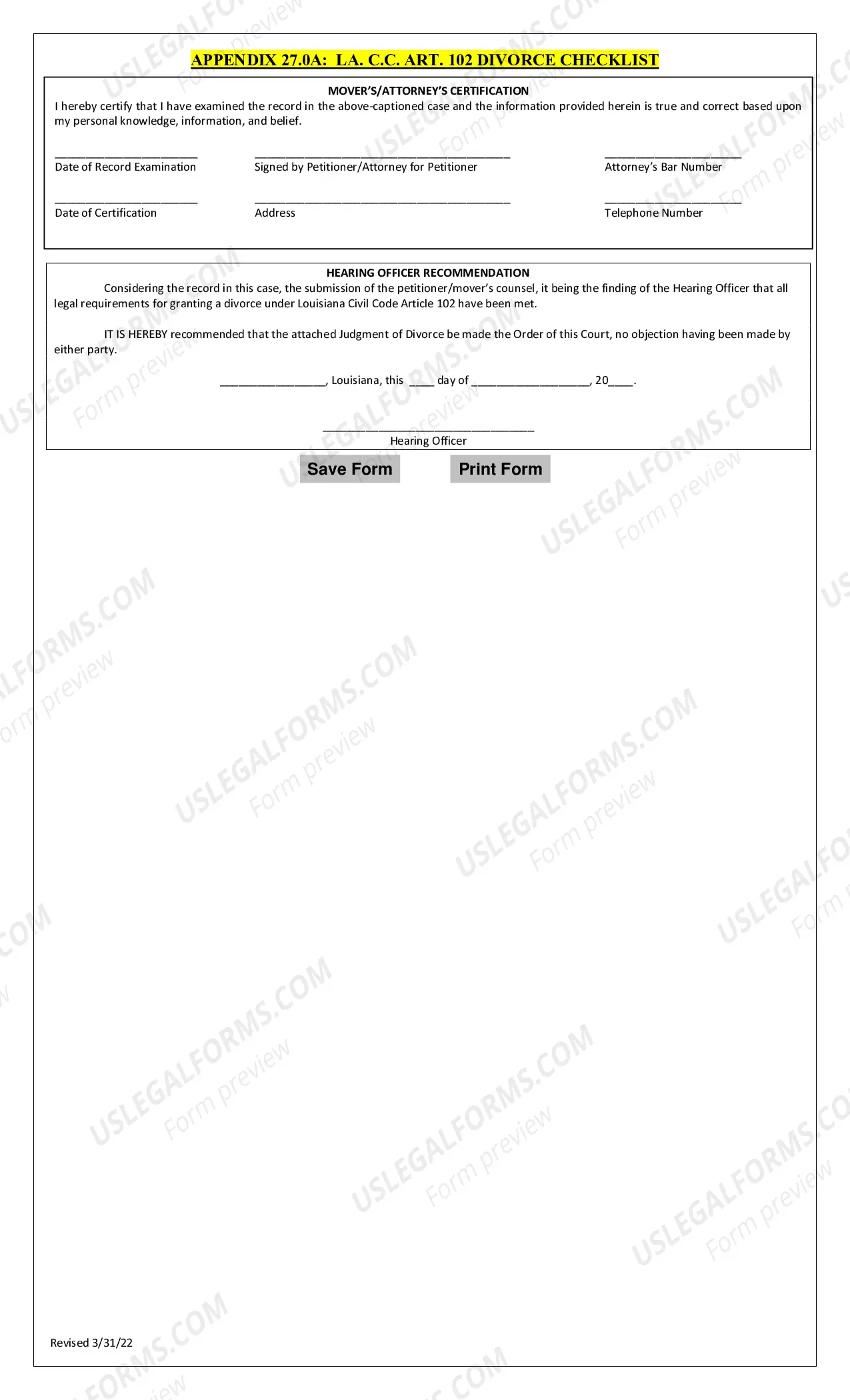 Preview Title IV. Appendix 27.0A.La. C.C. Art.102 Divorce Checklist