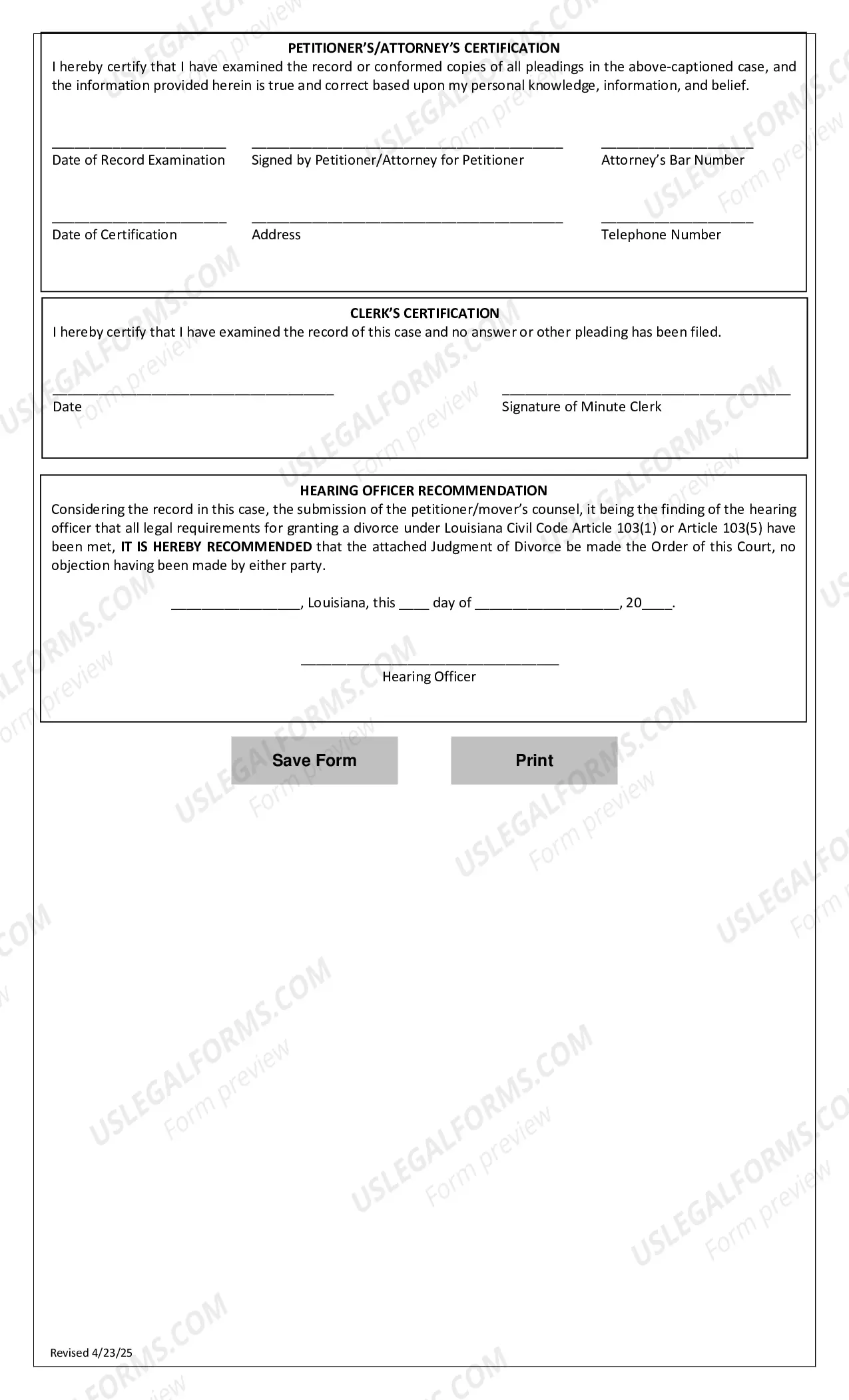 Preview Title IV. Appendix 28.1B. La. C.C.P. Art. 1702(E) Divorce Checklist