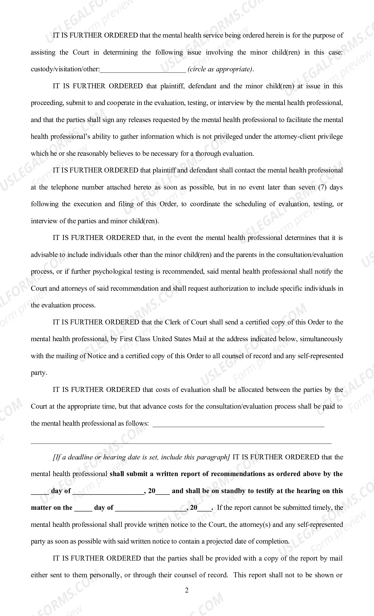 Preview Order for Mental Health Evaluation