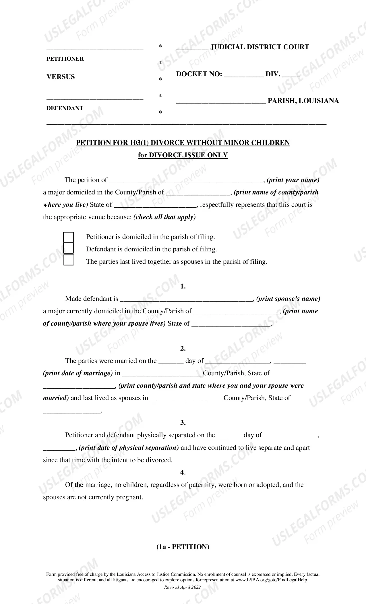 Preview Affidavit for 103 Divorce (no children)