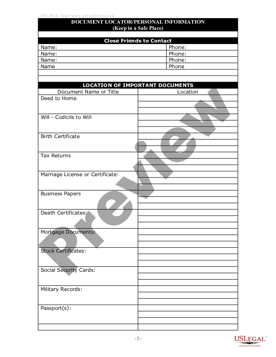 page 1 Document Locator and Personal Information Package including burial information form preview