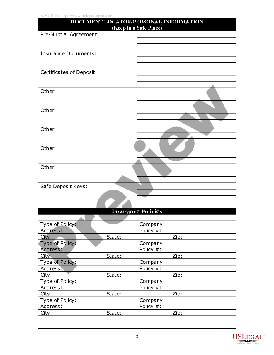 page 2 Document Locator and Personal Information Package including burial information form preview
