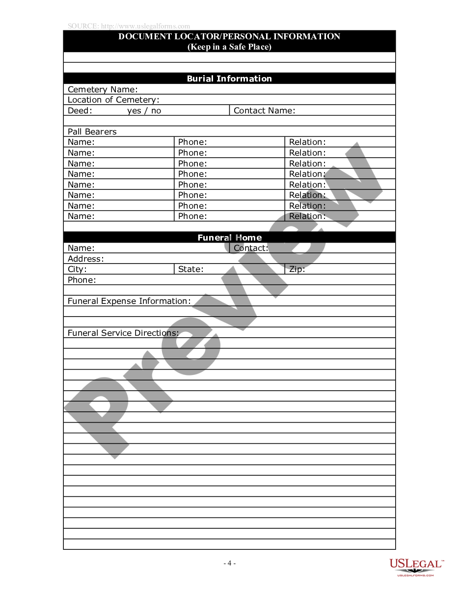 page 3 Document Locator and Personal Information Package including burial information form preview