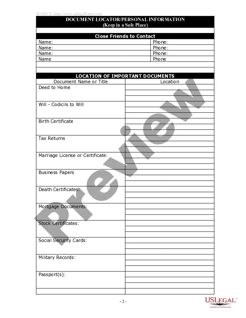 Preview Document Locator and Personal Information Package including burial information form