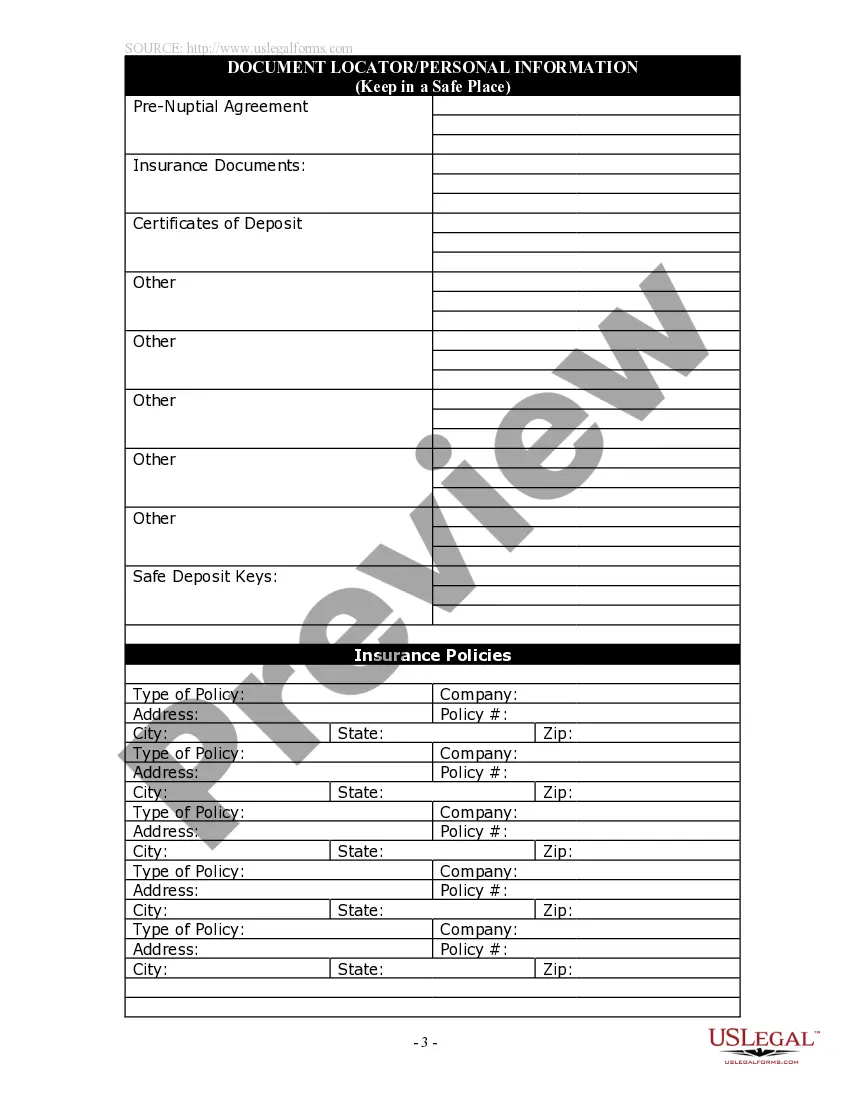 Preview Document Locator and Personal Information Package including burial information form