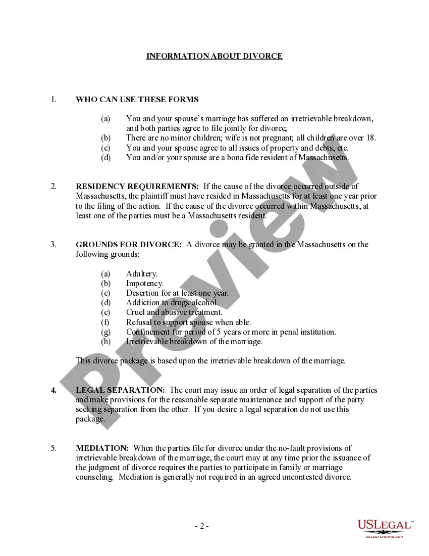 Preview Massachusetts No-Fault Uncontested Agreed Divorce Package for Dissolution of Marriage with Adult Children and with or without Property and Debts
