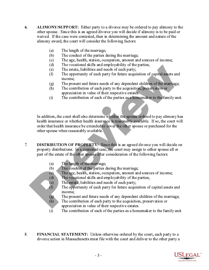 Preview Massachusetts No-Fault Uncontested Agreed Divorce Package for Dissolution of Marriage with Adult Children and with or without Property and Debts