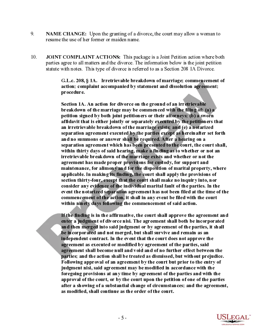Preview Massachusetts No-Fault Uncontested Agreed Divorce Package for Dissolution of Marriage with Adult Children and with or without Property and Debts