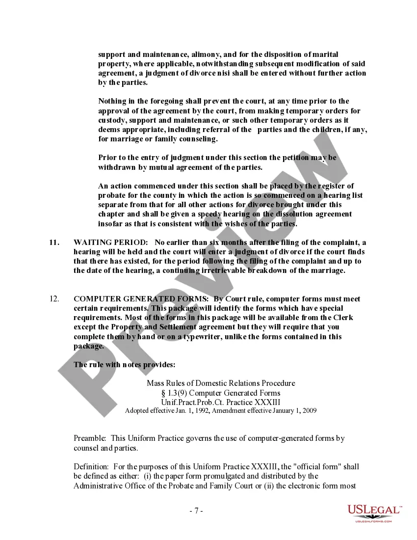 Preview Massachusetts No-Fault Uncontested Agreed Divorce Package for Dissolution of Marriage with Adult Children and with or without Property and Debts