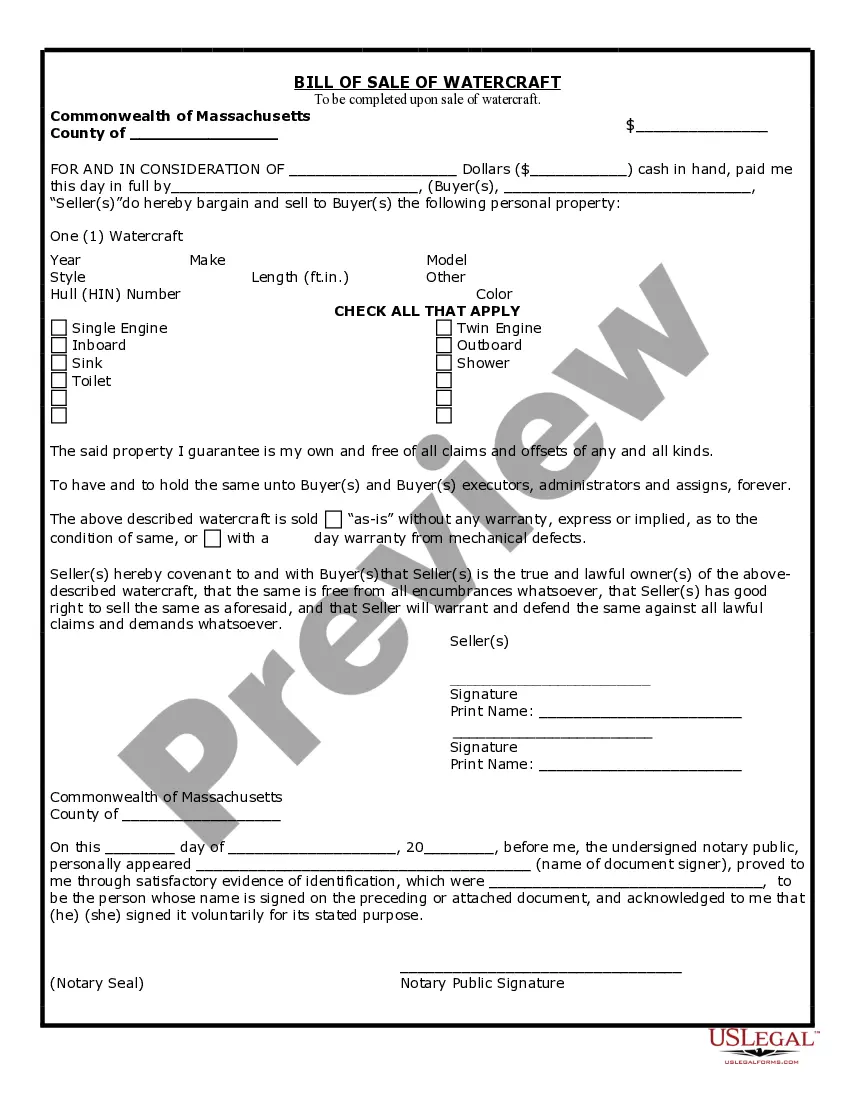 Preview Bill of Sale for WaterCraft or Boat
