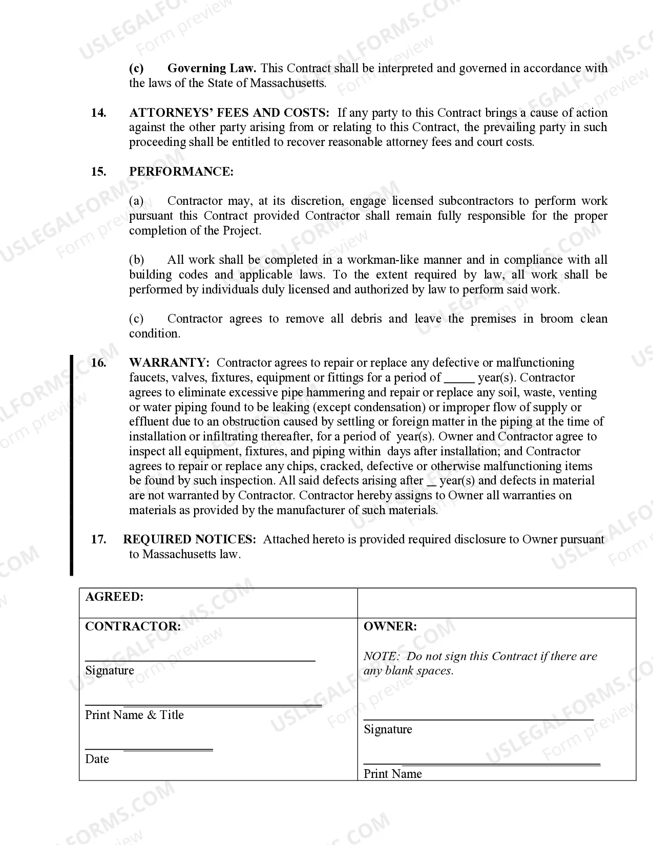 Preview Plumbing Contract for Contractor