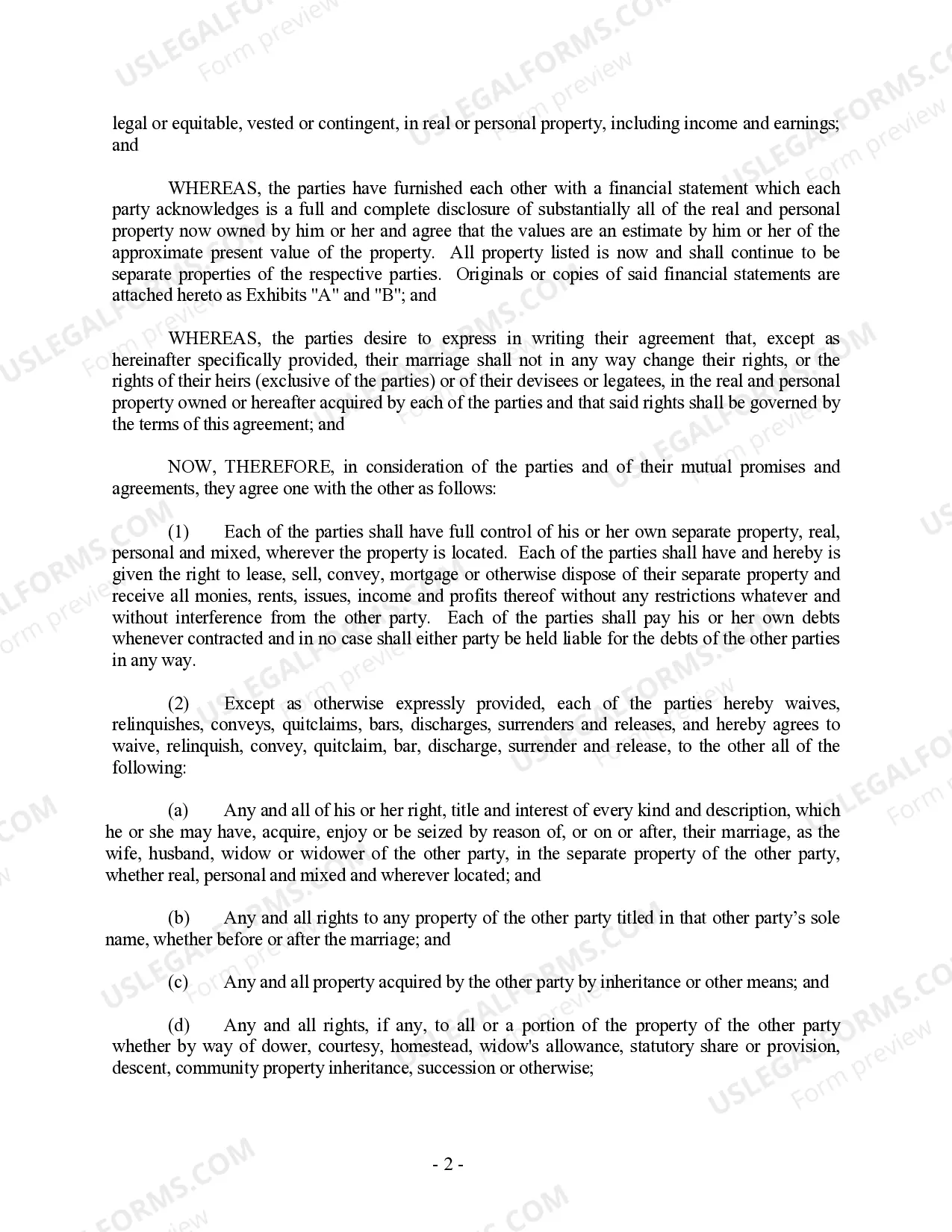 Preview Massachusetts Prenuptial Premarital Agreement without Financial Statements