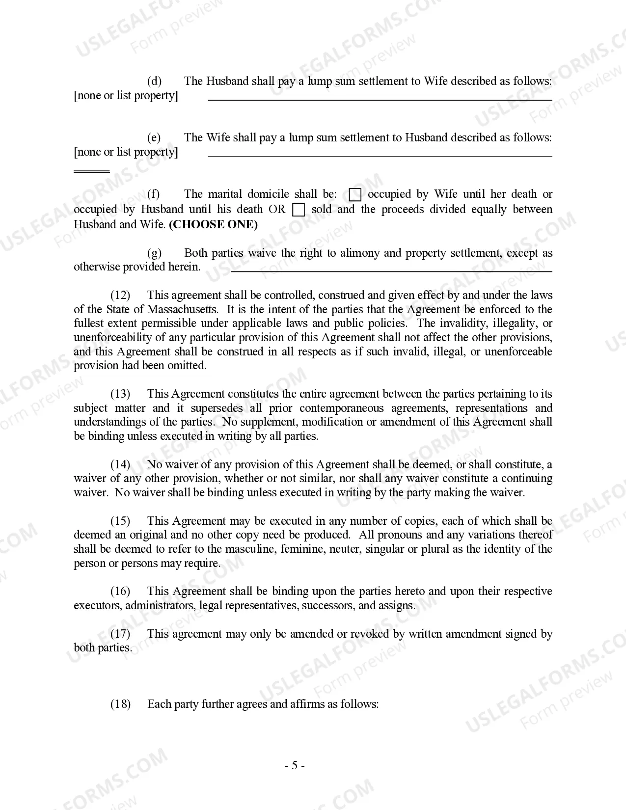 Preview Massachusetts Prenuptial Premarital Agreement without Financial Statements