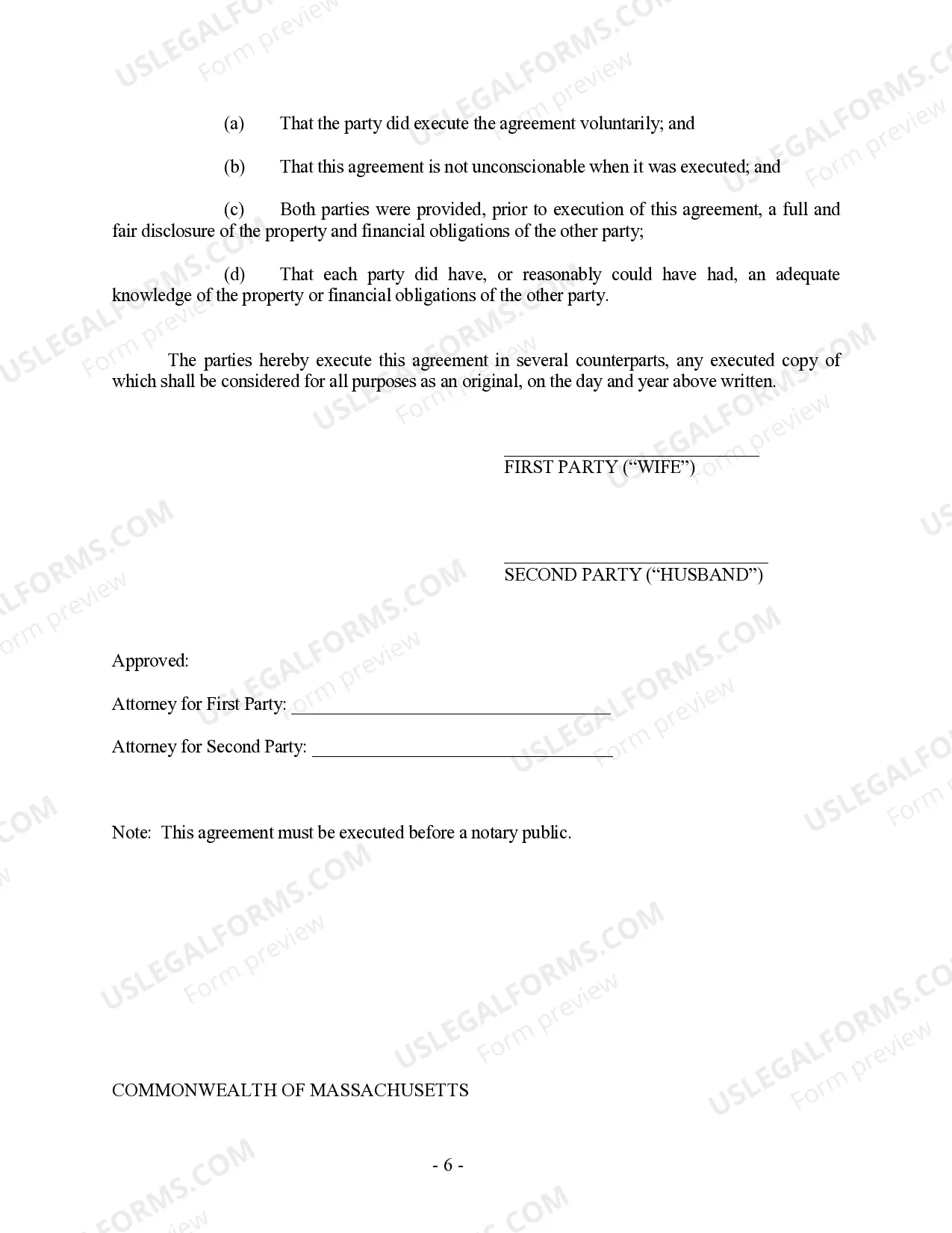 Preview Massachusetts Prenuptial Premarital Agreement without Financial Statements