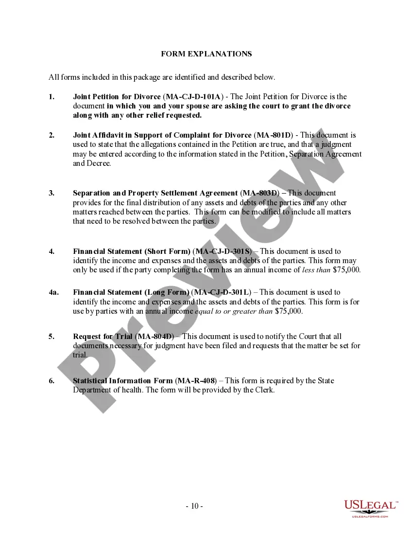 Preview Massachusetts No-Fault Agreed Uncontested Divorce Package for Dissolution of Marriage for Persons with No Children with or without Property and Debts
