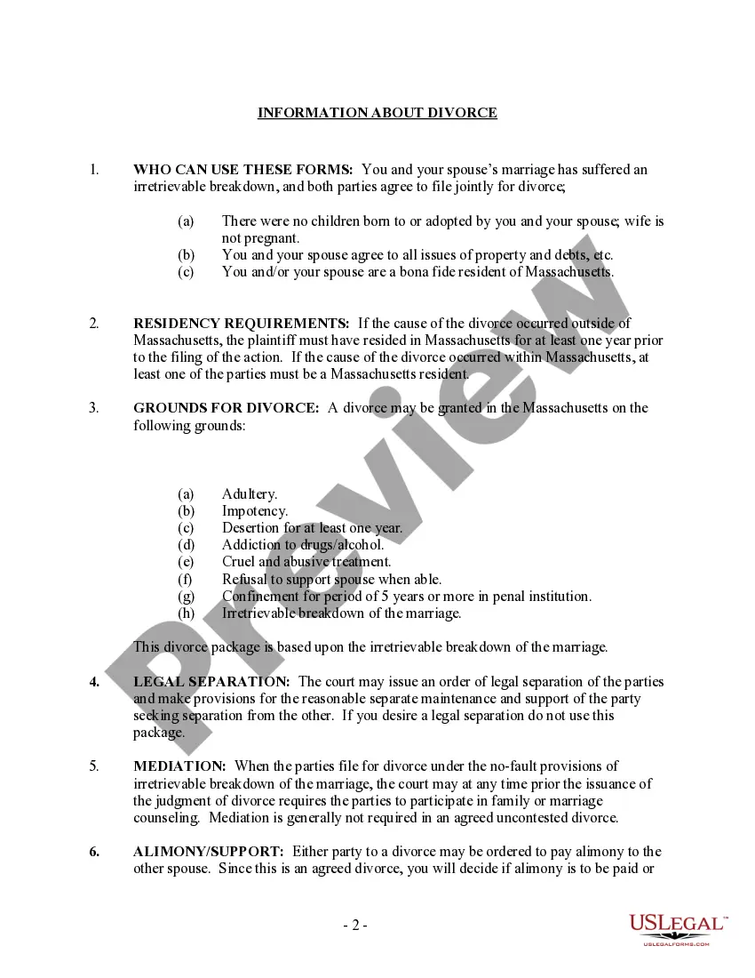 Preview Massachusetts No-Fault Agreed Uncontested Divorce Package for Dissolution of Marriage for Persons with No Children with or without Property and Debts