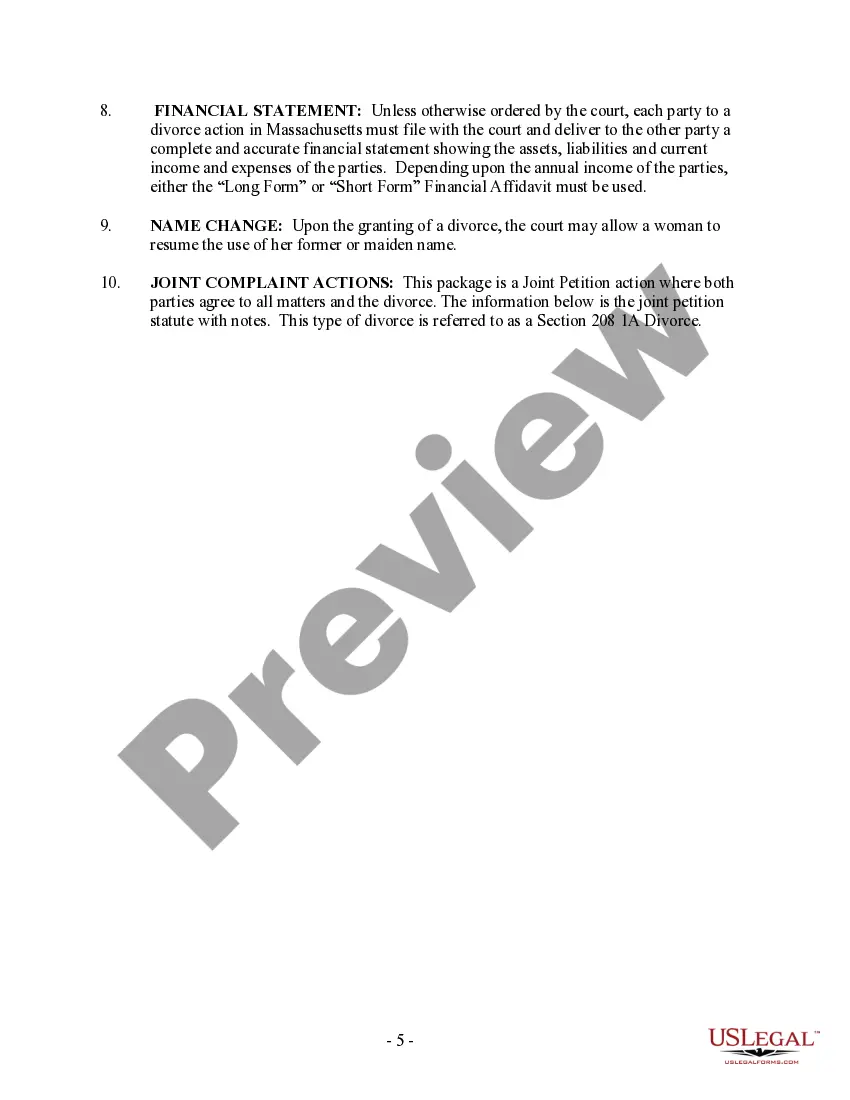 Preview Massachusetts No-Fault Agreed Uncontested Divorce Package for Dissolution of Marriage for Persons with No Children with or without Property and Debts