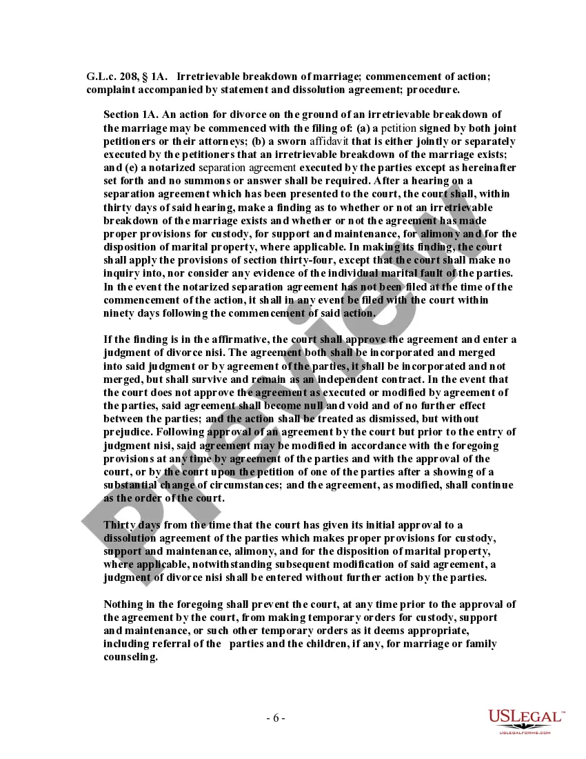 Preview Massachusetts No-Fault Agreed Uncontested Divorce Package for Dissolution of Marriage for Persons with No Children with or without Property and Debts
