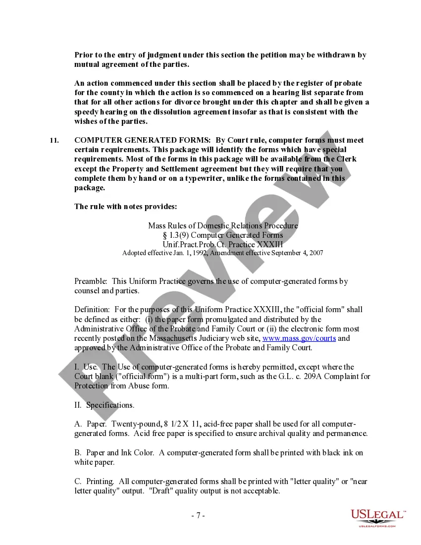 Preview Massachusetts No-Fault Agreed Uncontested Divorce Package for Dissolution of Marriage for Persons with No Children with or without Property and Debts