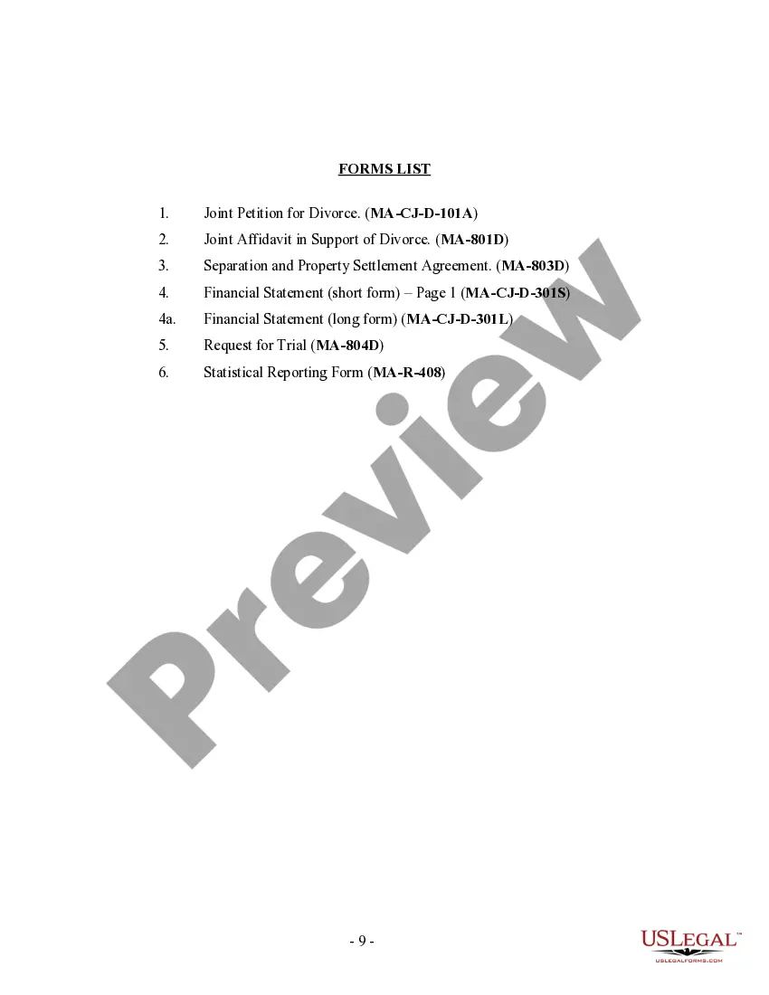Preview Massachusetts No-Fault Agreed Uncontested Divorce Package for Dissolution of Marriage for Persons with No Children with or without Property and Debts