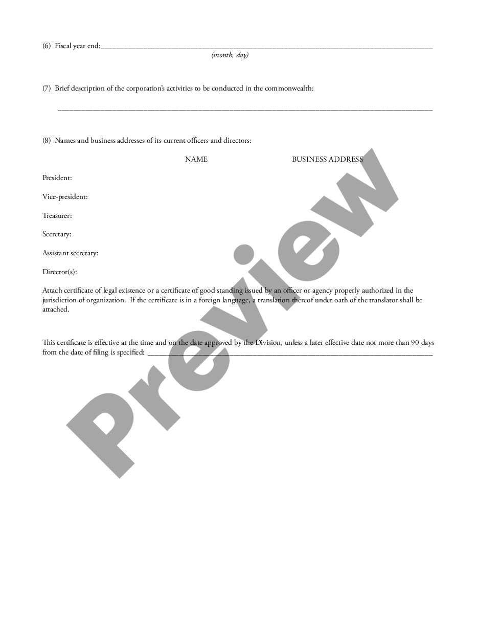page 1 Massachusetts Registration of Foreign Corporation preview