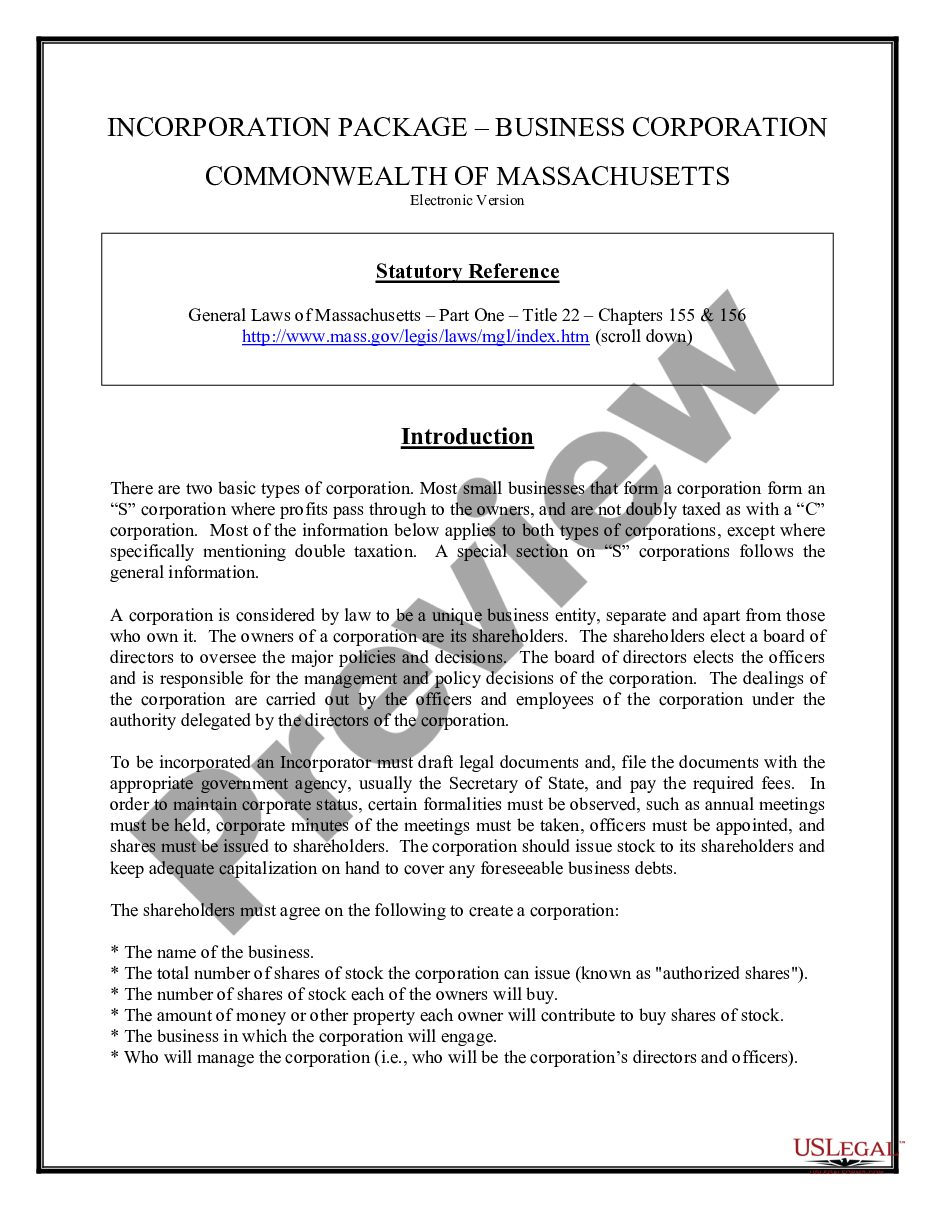 page 1 Massachusetts Business Incorporation Package to Incorporate Corporation preview