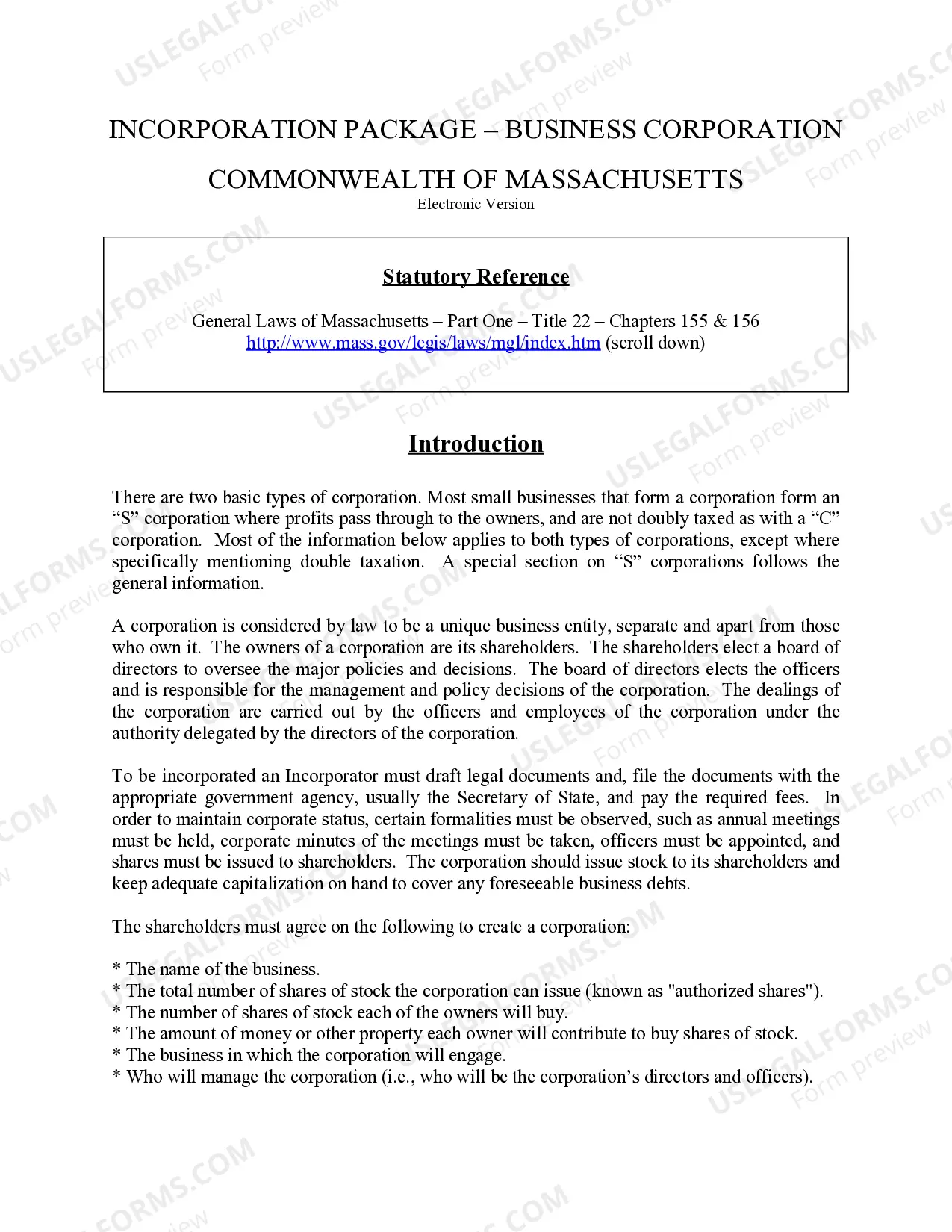 Preview Massachusetts Business Incorporation Package to Incorporate Corporation