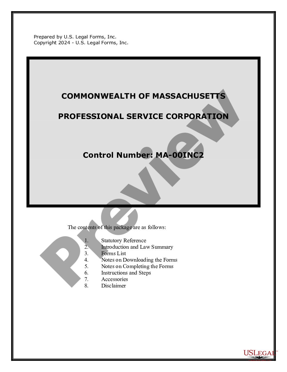 page 0 Professional Corporation Package for Massachusetts preview