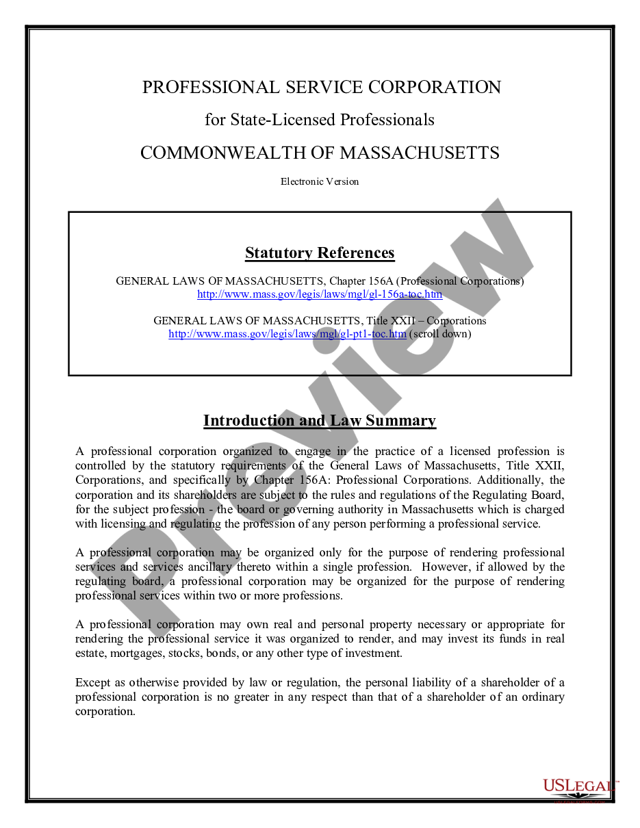 page 1 Professional Corporation Package for Massachusetts preview